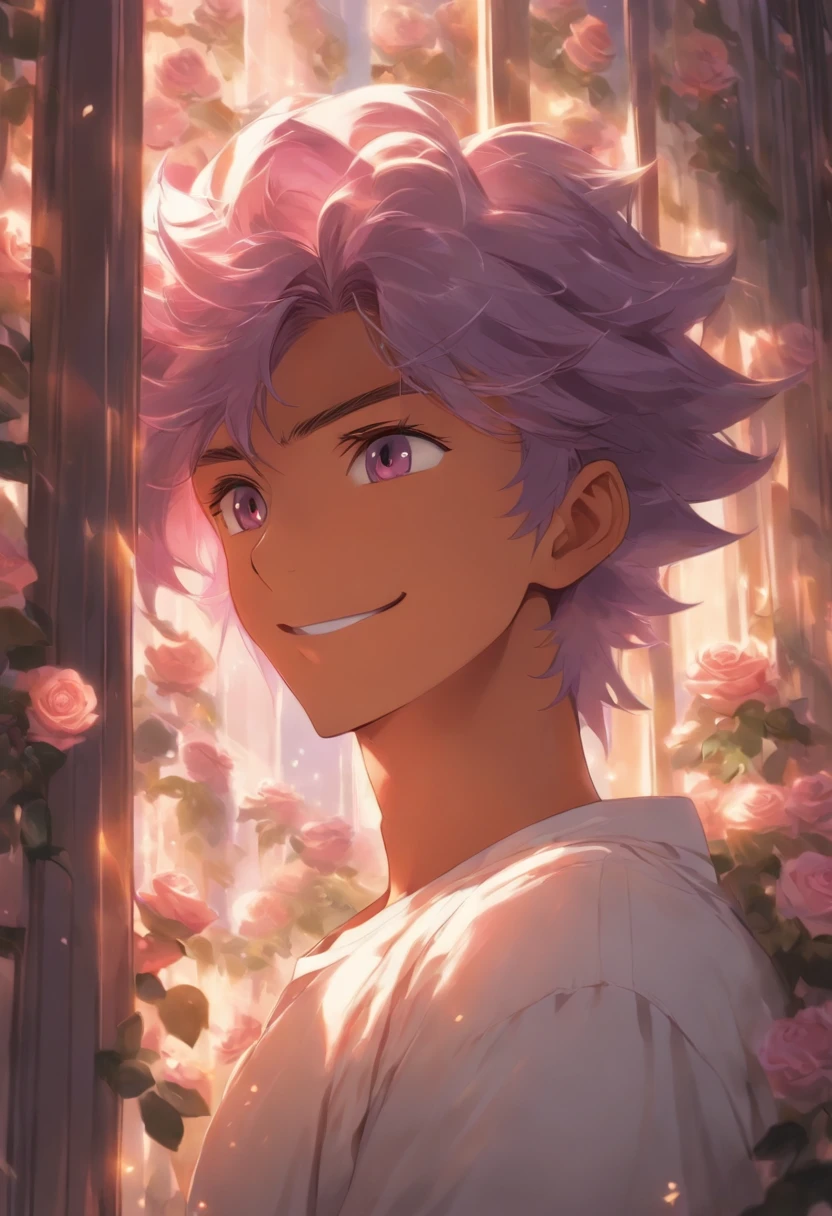 light purple hair, light skin, purple eyes, white shirt, upper body, smiling, holding mauve roses, fantasy beautifully lit window,boy,be looking straight ahead