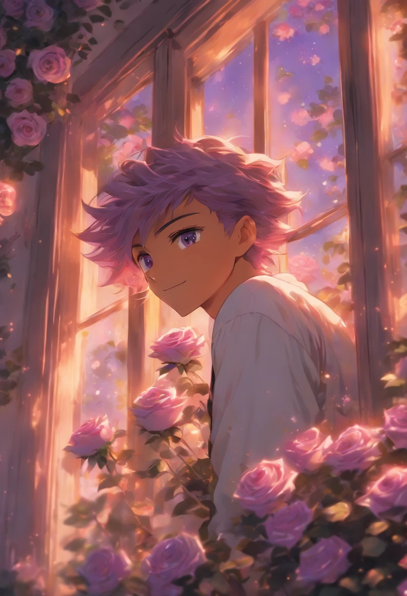 light purple hair, light skin, purple eyes, white shirt, upper body, smiling, holding mauve roses, fantasy beautifully lit window,boy,be looking straight ahead