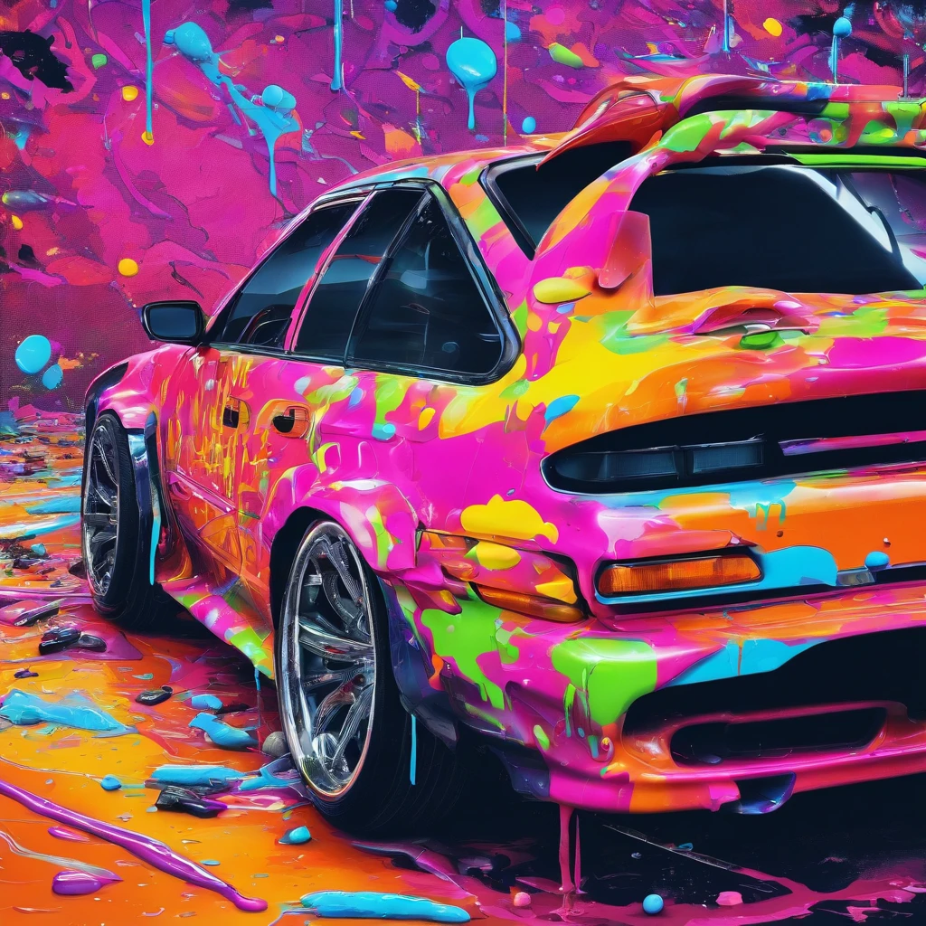 a close up of a car with a lot of paint on it, toyota car wrap, car paint, vivid!!, samurai vinyl wrap, * colour splash *, splash of color, vivid colors!, subaru, vivid colors!!, future!!, graffiti inspired, realistic paint job, splashed with graffiti art, vibrant and powerful, paint style, hyper colorful, colour splash