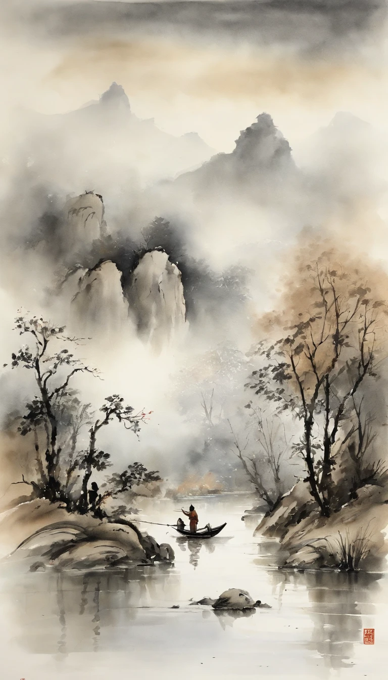Chinese landscape painting,ink and watercolor painting,water ink,ink,Smudge,Faraway view,Ultra-wide viewing angle,Meticulous,Fishing boat vistas,Meticulous,Smudge,low-saturation,Low contrast, Naked people bathing in the river,Fishing alone in the cold river snow,snow landscape,Beautifully depicted,A detailed,acurate,Works of masters,tmasterpiece