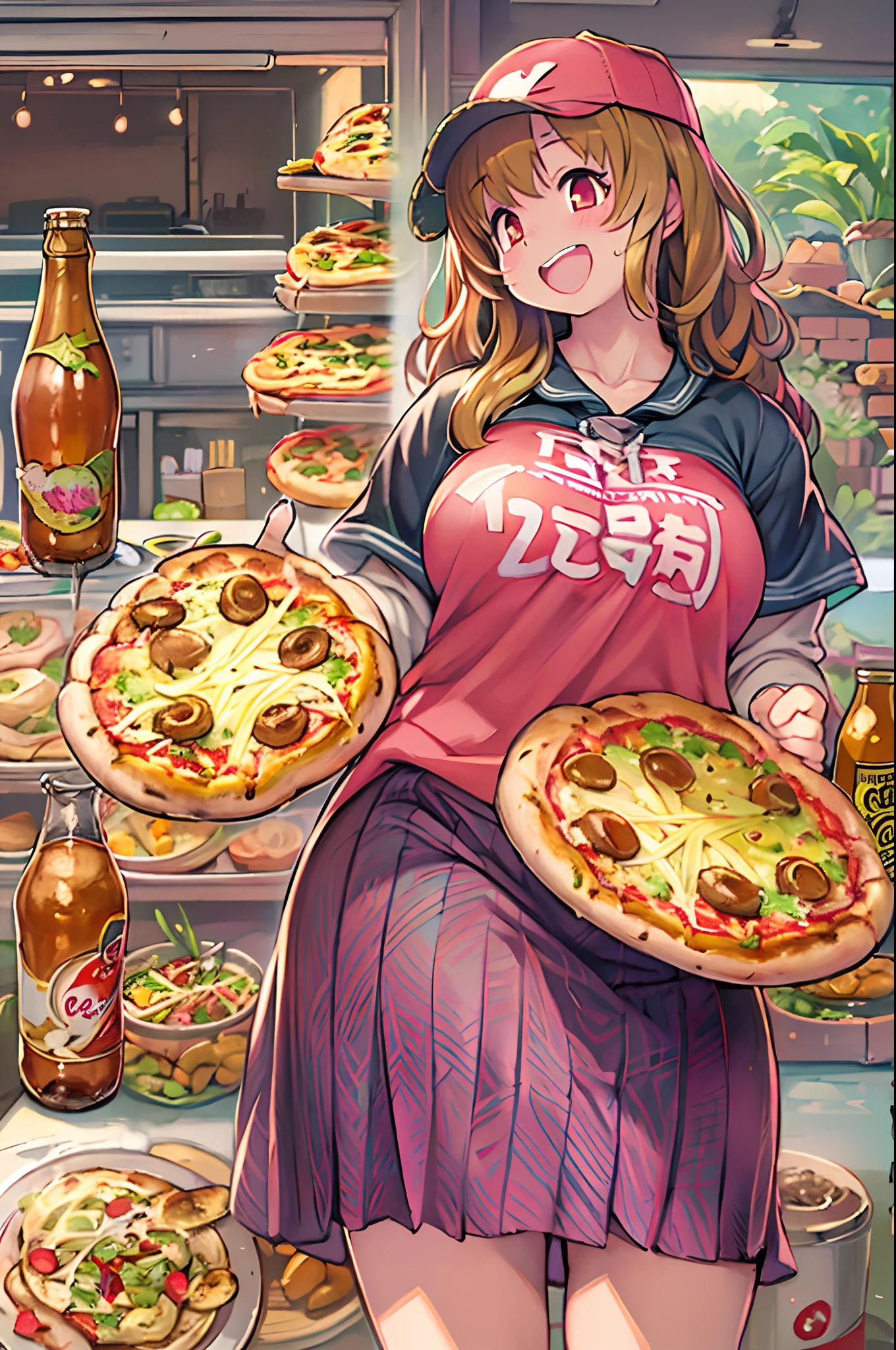 masutepiece, Best Quality, 女の子1人、huge-breasted、bbw、Holding (Giant pizza slices)1.5、Thumbs up、huge smile、Plastic bottles of cola、