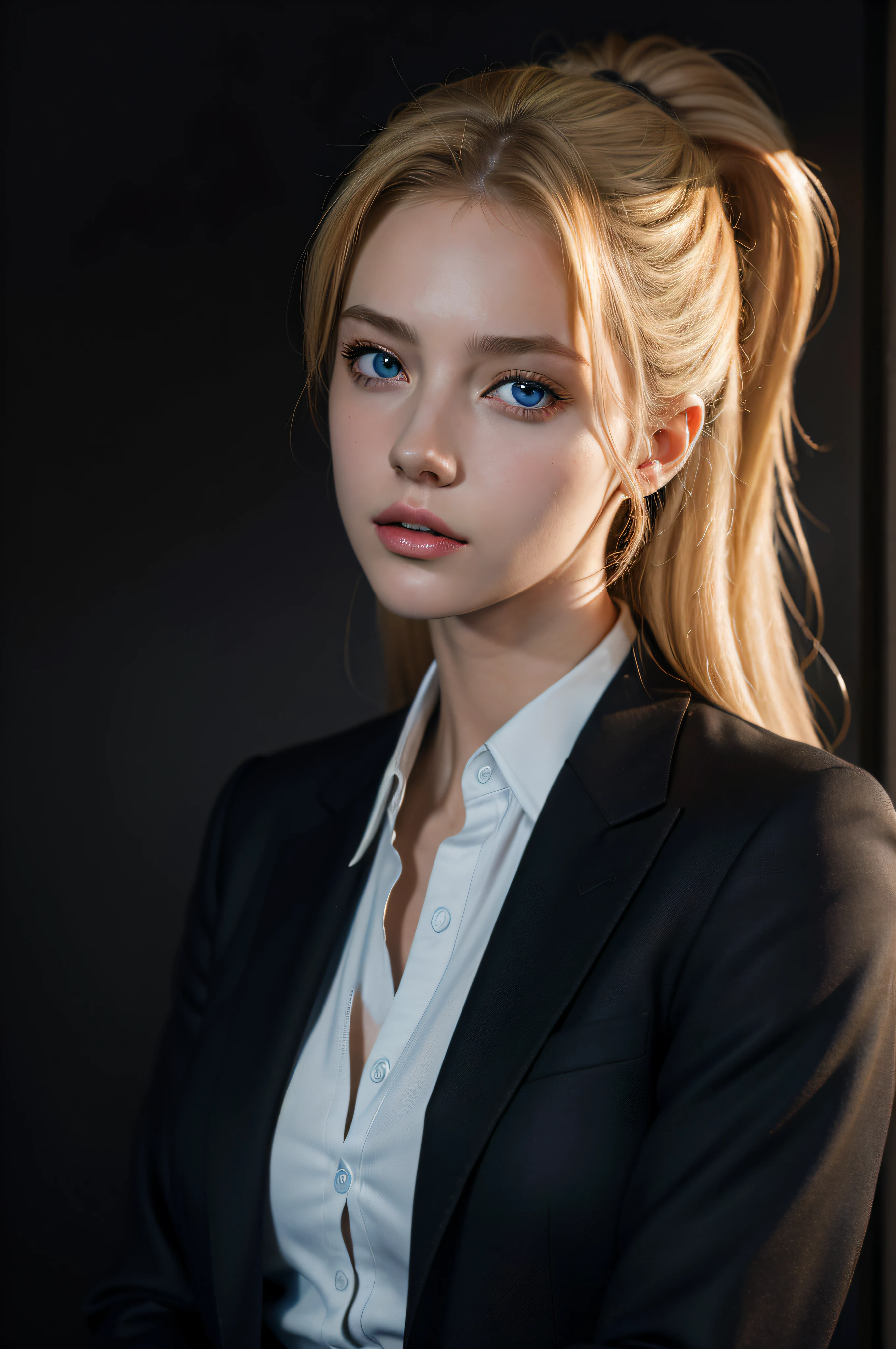 Best quality, masterpiece, ultra high res, (photorealistic:1.4), raw photo, 1girl, blonde hair, blue eyes,  detailed eyes and face, black suit, dynamic lighting, in the dark, deep shadow, low key, cowboy shot full-lenght body