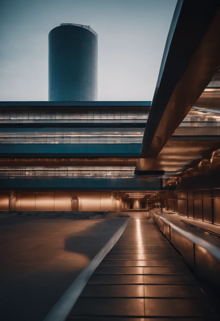 Make a picture of a futuristic building to be used for a manufacturing plant, its sizes are300 meters by 130 meters, use bright colors