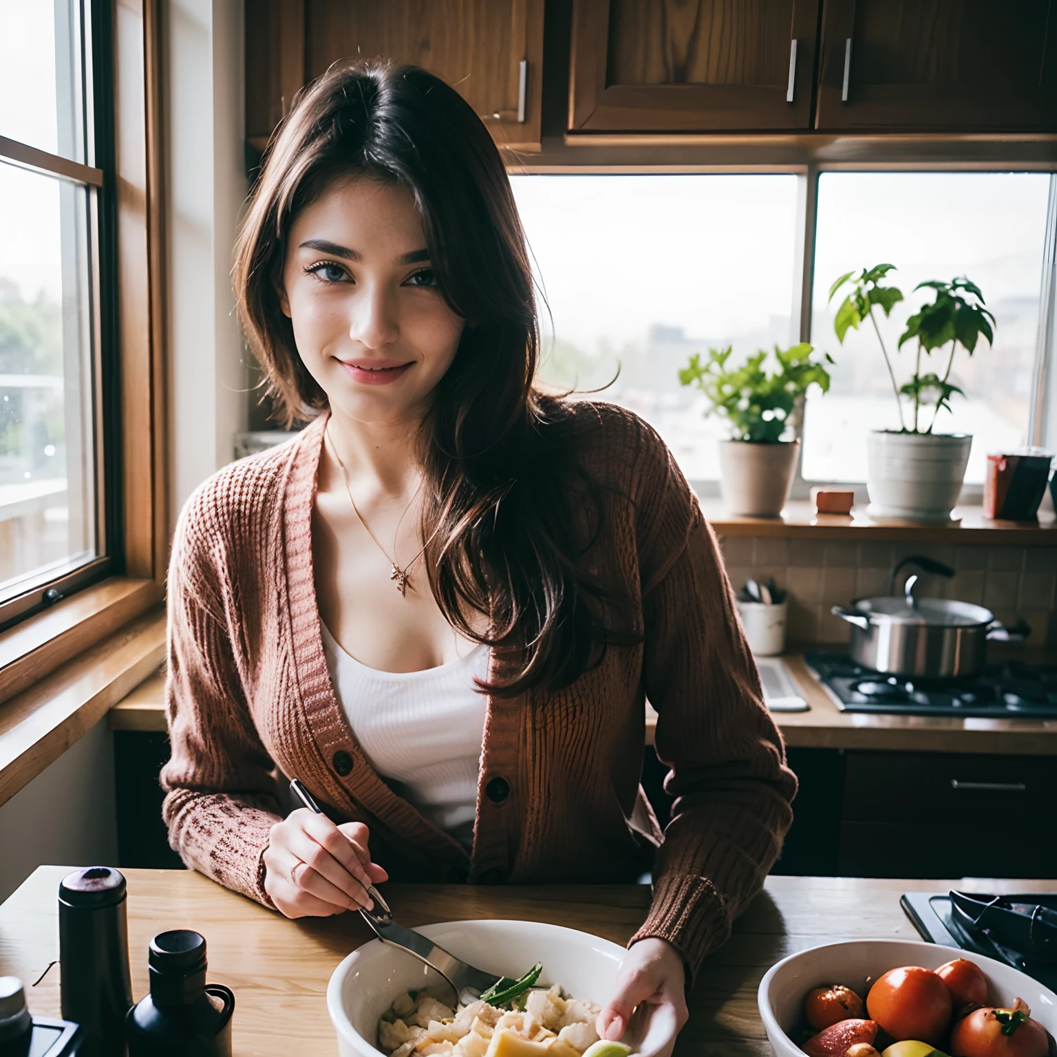 Stunning GaiaNobile, 18 anni, biglargechest, brownhair, blueeyes, skin imperfections1.33, natural skin, producing an essay of the Enem. Bored, bored face, stressed, looking in front if her, hand holding her head, She wears a (((red cardigan))). She is in the kitchen, italian kitchen, confy vibes, she is cutting vegetables, embarassed smile. Bright colors, heavy rain outside the window