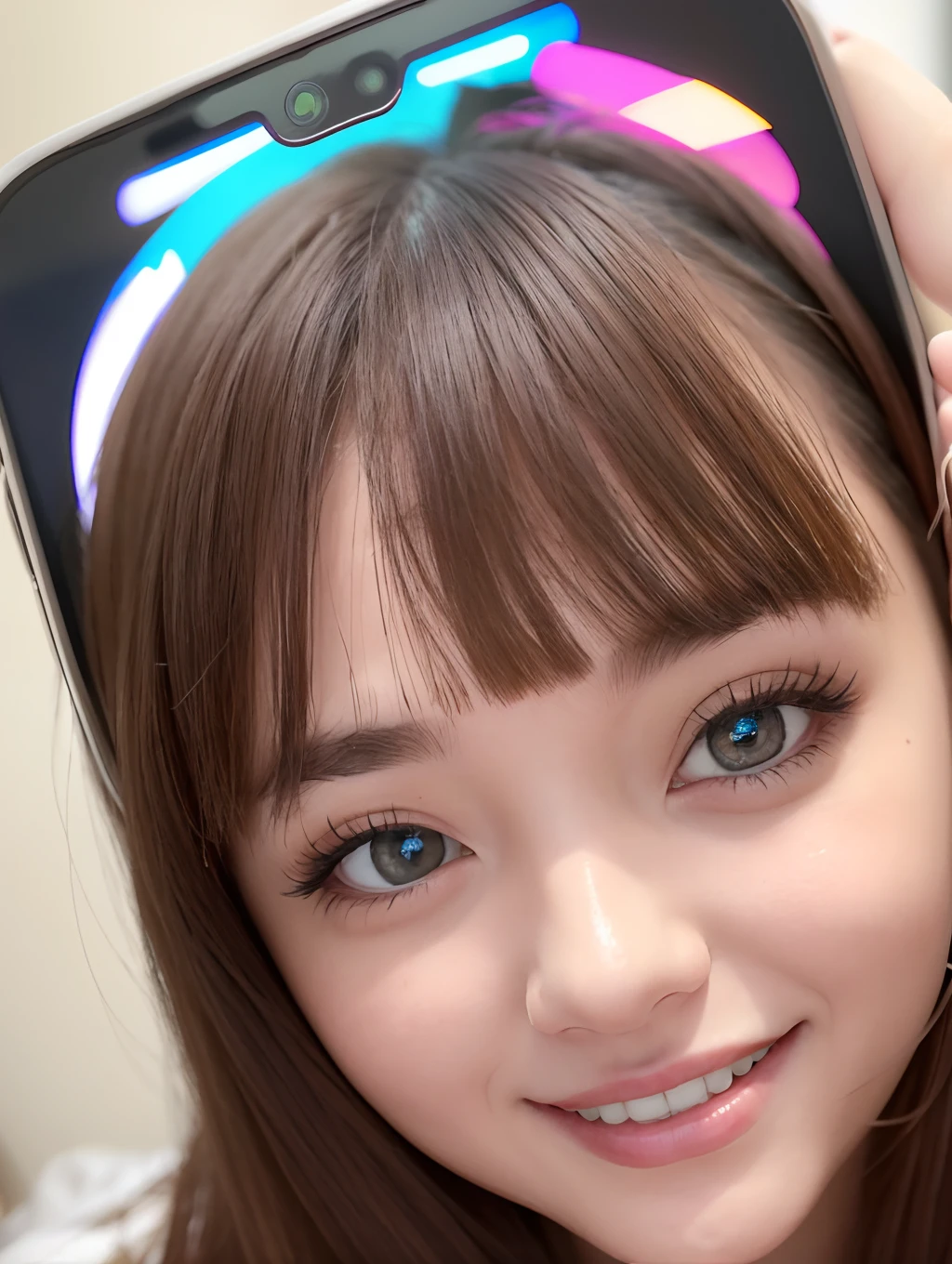Pretty smiling 22 year old woman with face camera for tiktok --auto --s2