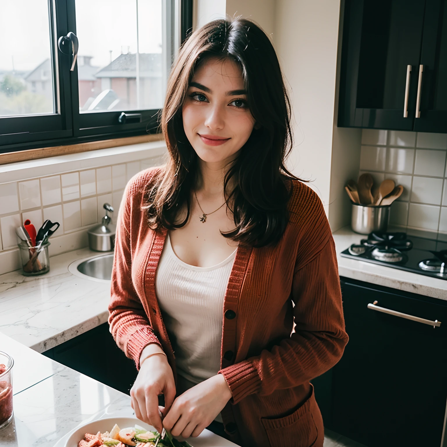 Stunning GaiaNobile, 18 anni, biglargechest, brownhair, blueeyes, skin imperfections1.33, natural skin, producing an essay of the Enem. Bored, bored face, stressed, looking in front if her, hand holding her head, She wears a (((red cardigan))). She is in the kitchen, italian kitchen, confy vibes, she is cutting vegetables, embarassed smile. Bright colors, heavy rain outside the window