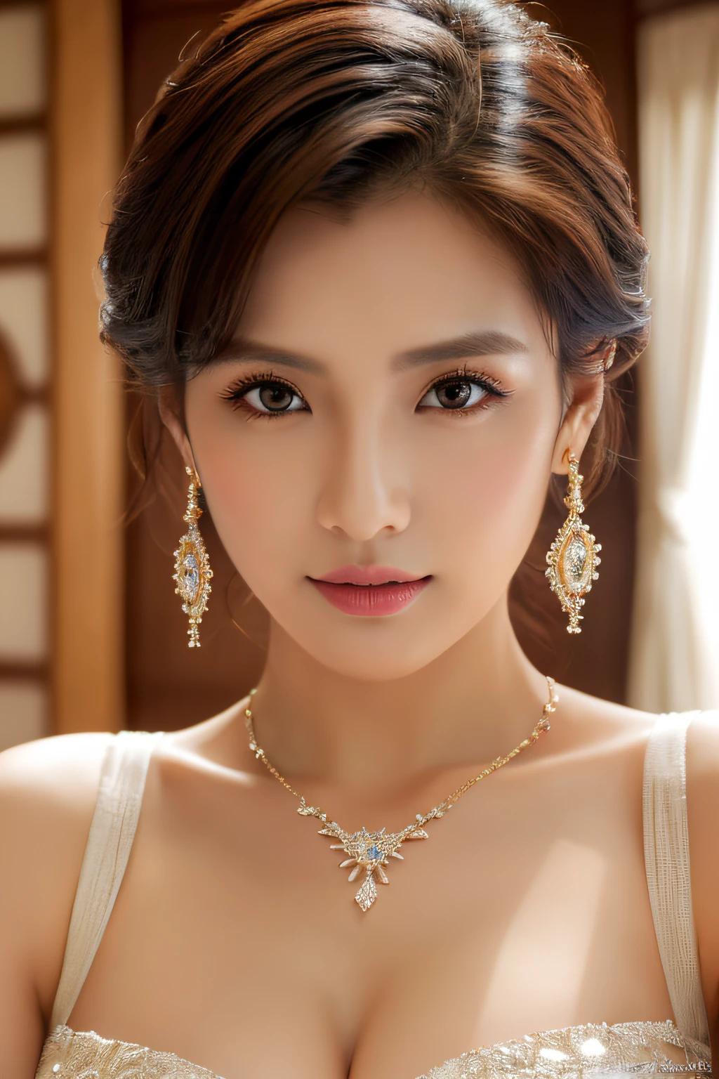 (top-quality,8K,​masterpiece),Japan model with a close chest,Bewitching beauty,huge tit,Inviting look,(A detailed eye,detailed lips),Precision necklace,gyuru,Earrings with jewels,