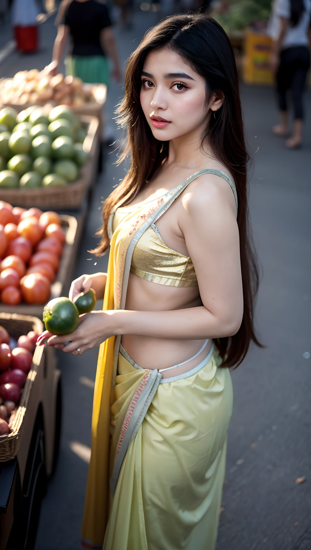 (Best quality, 8k, 32k, Masterpiece, UHD:1.2), (candid Photo:1.2) of Pretty curvy pakistani woman, extremely pale skin,black long highlighted hair,beauty face,(picking vegetables from street vendor:1.3), long hair, Candid photo,indian saree, in a (indian street market:1.2),large breasts,(beautiful nipple slip:0.9),night,shiny skin,blurry background, (shot from above:1.3), night, lights, very happening environment