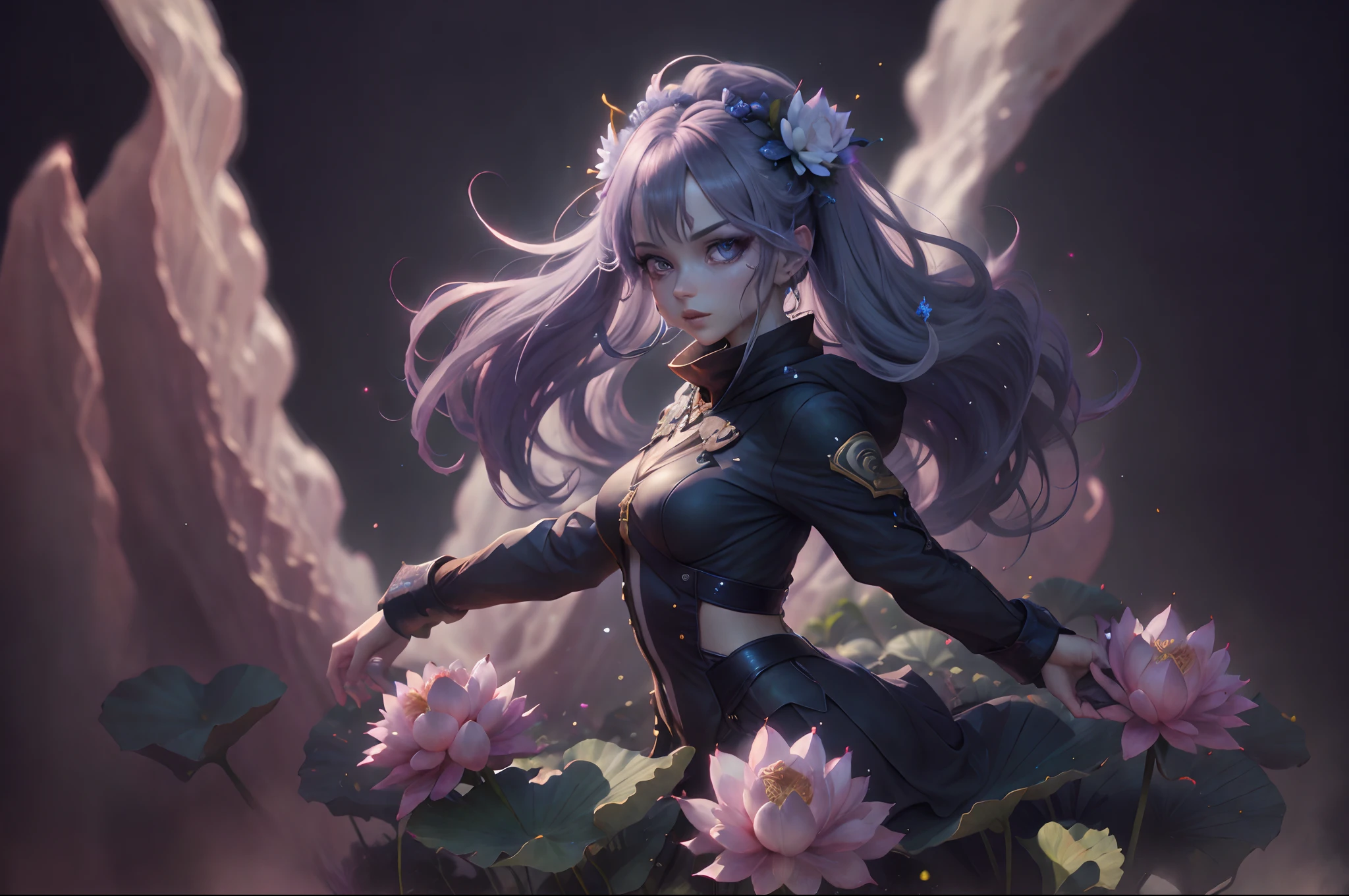 female character, style anime, charismatique avec fleur de lotus. Regard profond et dynamique.