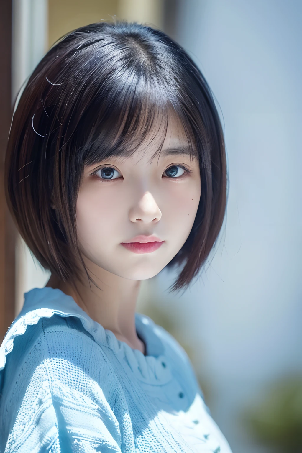 1 20-year-old girl, short detailed hair, Close-up Shot Shot, Light blue top.