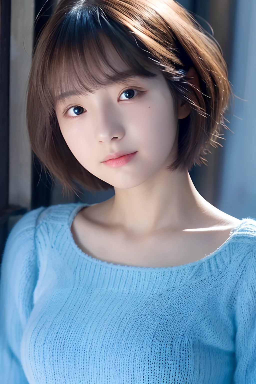 1 20-year-old girl, short detailed hair, Close-up Shot Shot, Light blue top.