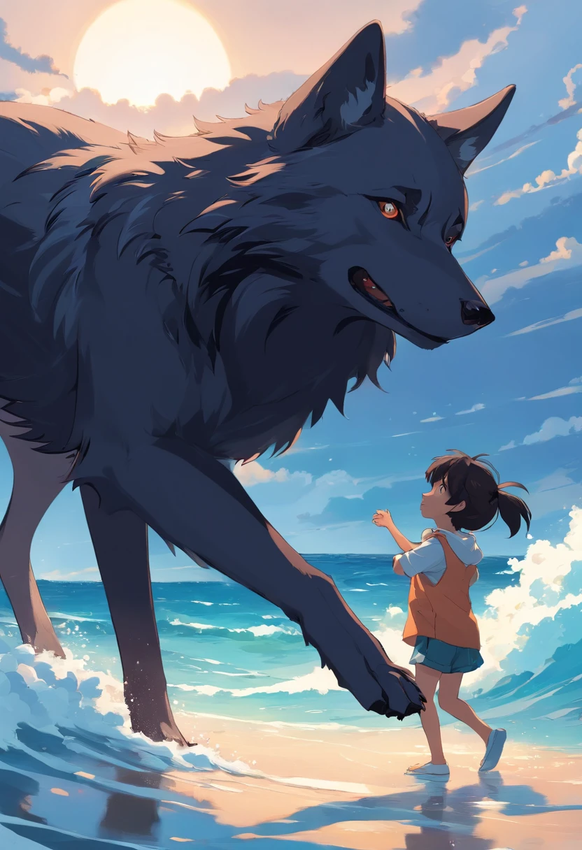 A black wolf is a white wolf playing with a  on top of the ocean