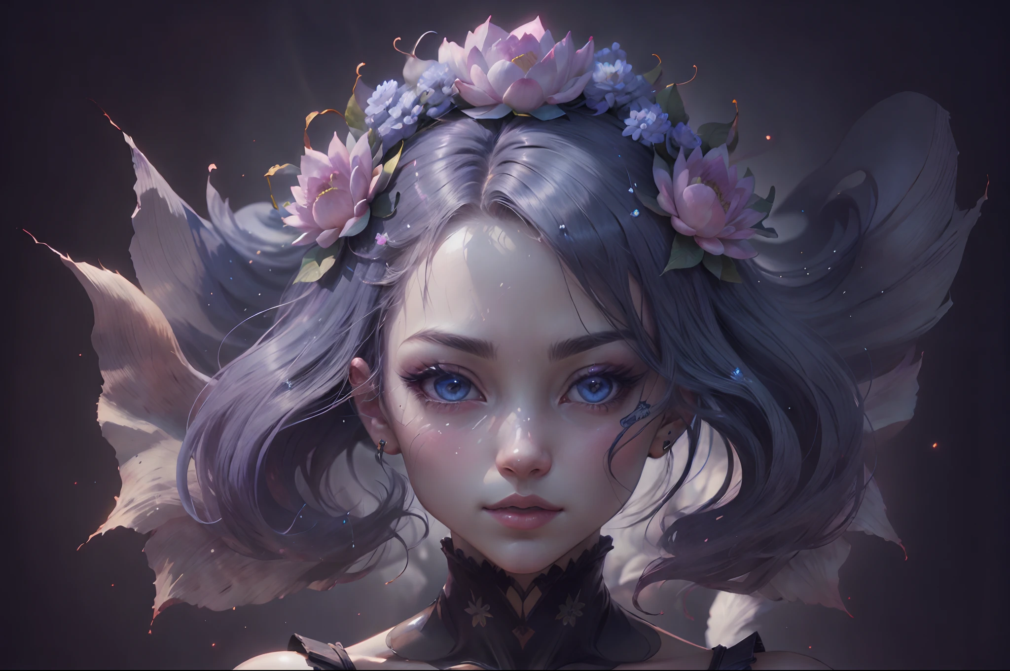 female character, style anime, charismatique avec fleur de lotus. Regard profond et dynamique.