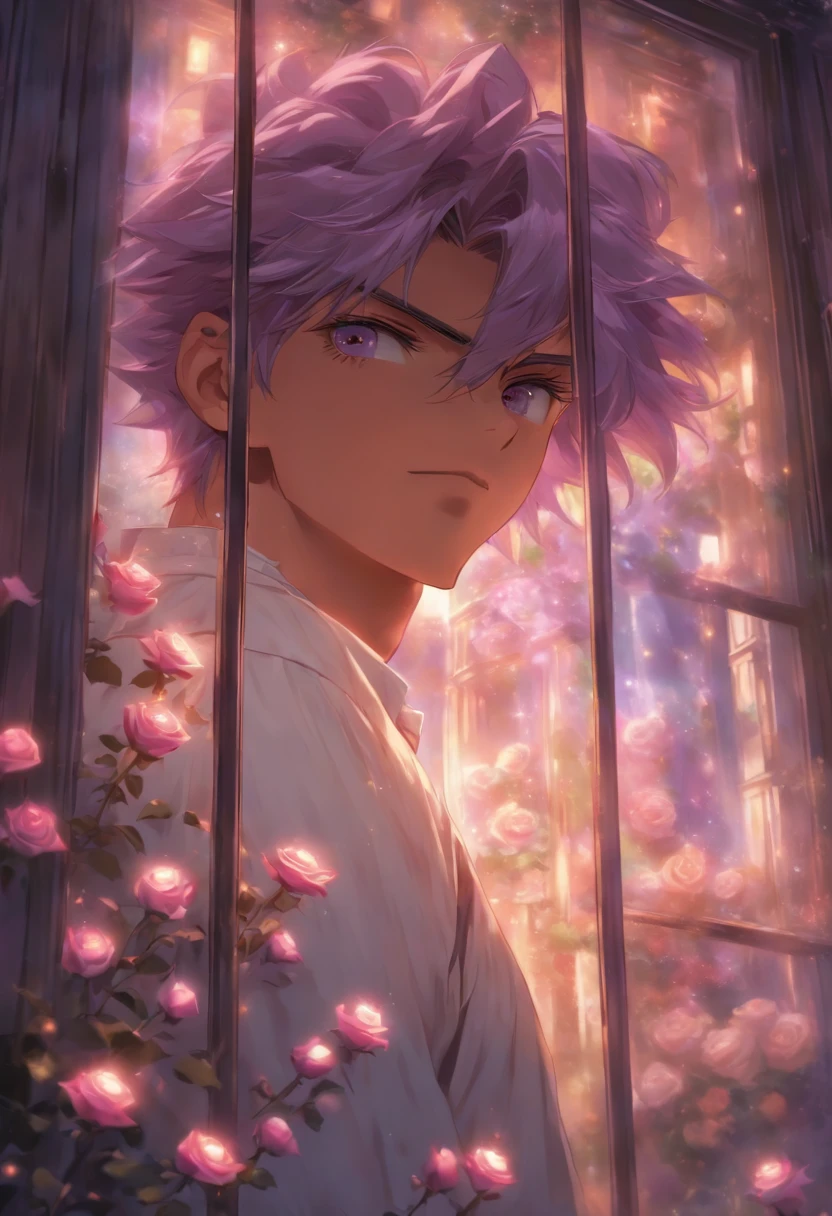 a young man,solo,be looking straight ahead, light purple hair, purple eyes, white shirt, upper body, holding mauve roses, fantasy beautifully lit window