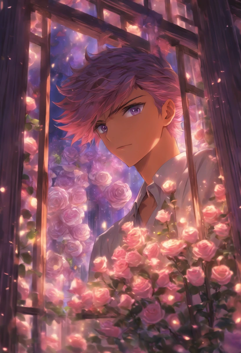 a young man,solo,be looking straight ahead, light purple hair, purple eyes, white shirt, upper body, holding mauve roses, fantasy beautifully lit window