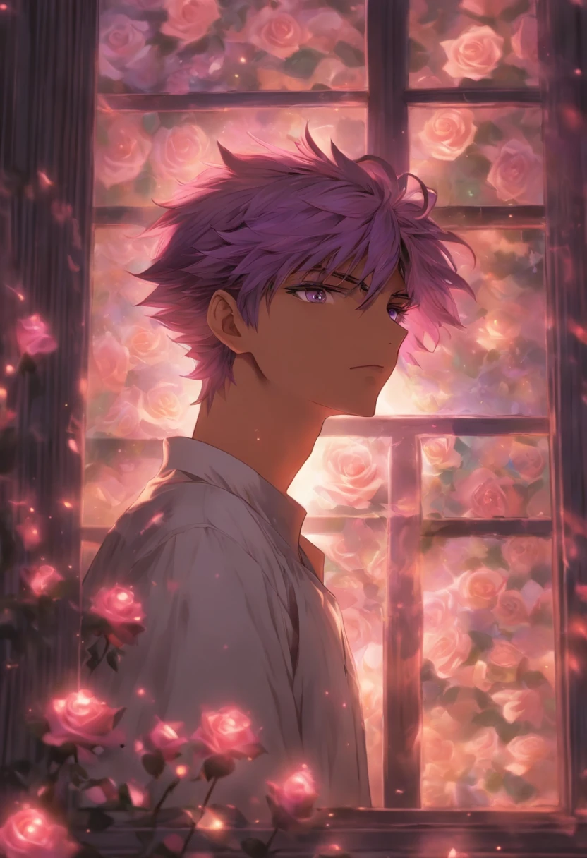 a young man,solo,be looking straight ahead, light purple hair, purple eyes, white shirt, upper body, holding mauve roses, fantasy beautifully lit window