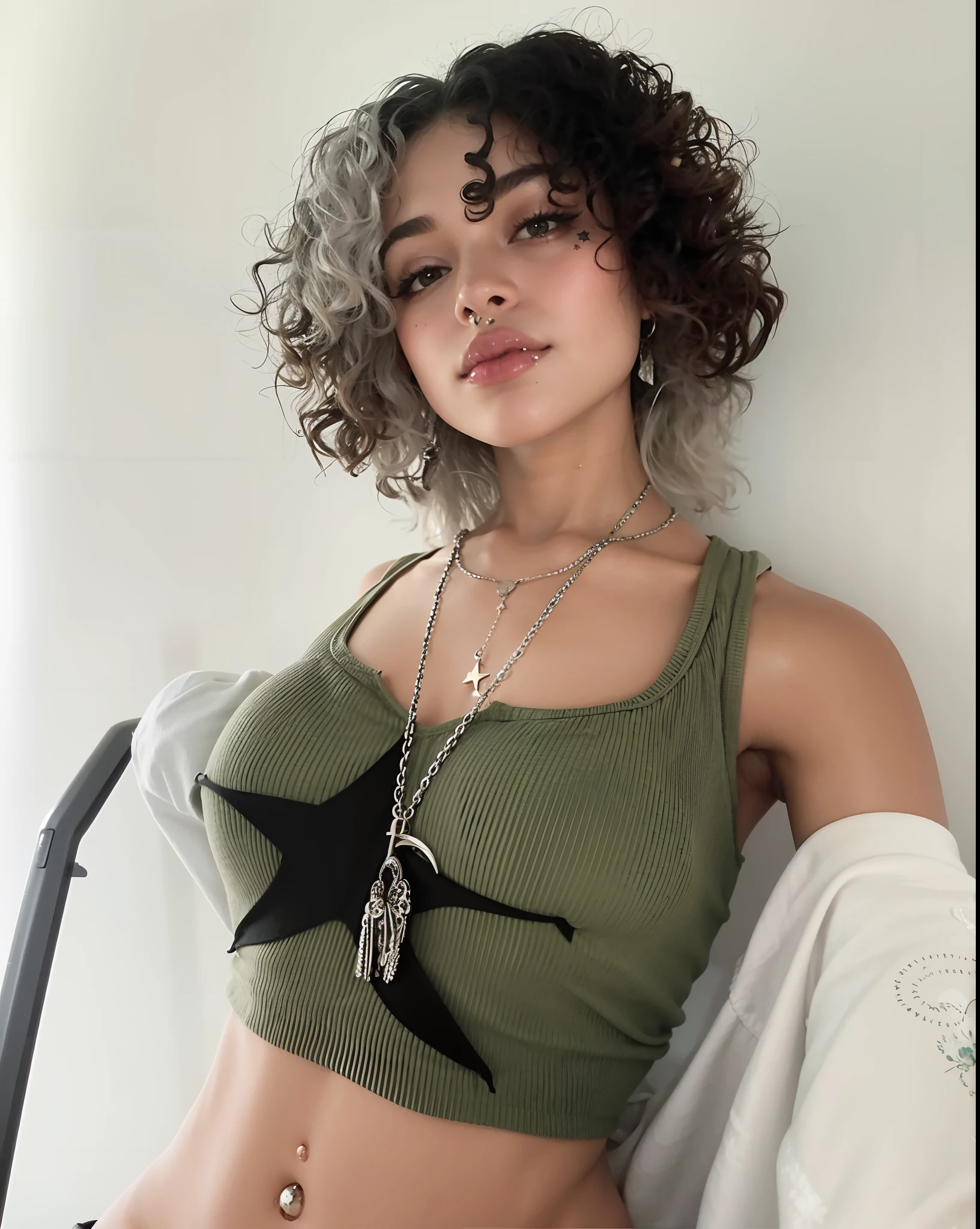 a woman with a necklace and a star tattoo on her chest, with curly black and silver hair, doja cat, curly haired, wearing a sexy cropped top, bralette, curly pixie hair, silver curly hair, with black hair, with long curly hair, small midriff, 8K, Top Quality, Intricate Details, Ultra Detail, Ultra High Resolution, Cinematic, Photorealistic, Perfect, Perfect skin, Perfect face, Perfect body, Masterpiece, Art, Beauty