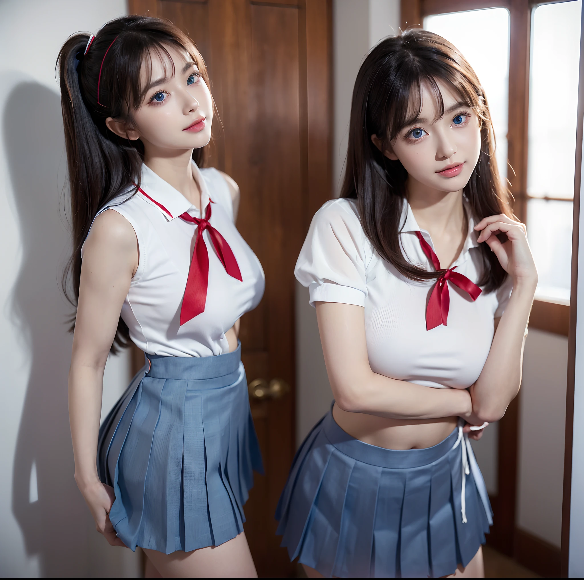 top-quality, 4K picture quality, masterpiece, Professional lighting without shadows, A hyper-realistic, perfect anatomia, Two girls, (with perfect body、Colossal breasts with tension:1.2), Evenly whitens bright skin, (Plump red tear bags and bright and beautiful blue eyes reflect a lot of light:1.2)、 beautiful hairl, Schoolgirl uniform with crimson ribbon tie、A tight-fitting blouse made of ultra-thin white fabric completely covers the upper body.、Upper body does not expose skin、Dress up with a super short super mini pleated skirt, (Her skirt is so short that either her white panties or her butt are exposed.:1.3), (Proudly showing off her taut huge breasts from the front through her blouse:1.2), Another girl on the other side、Revealing her big ass from behind, Dainty woman,