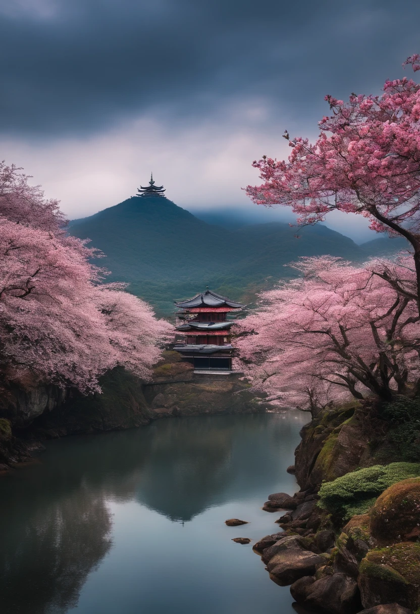 fantasia, Sakura trees, porto, cidade linda, natureza bela, estilo anime, com uma montanha e parte da cidade de fundo, vila, feudal japan