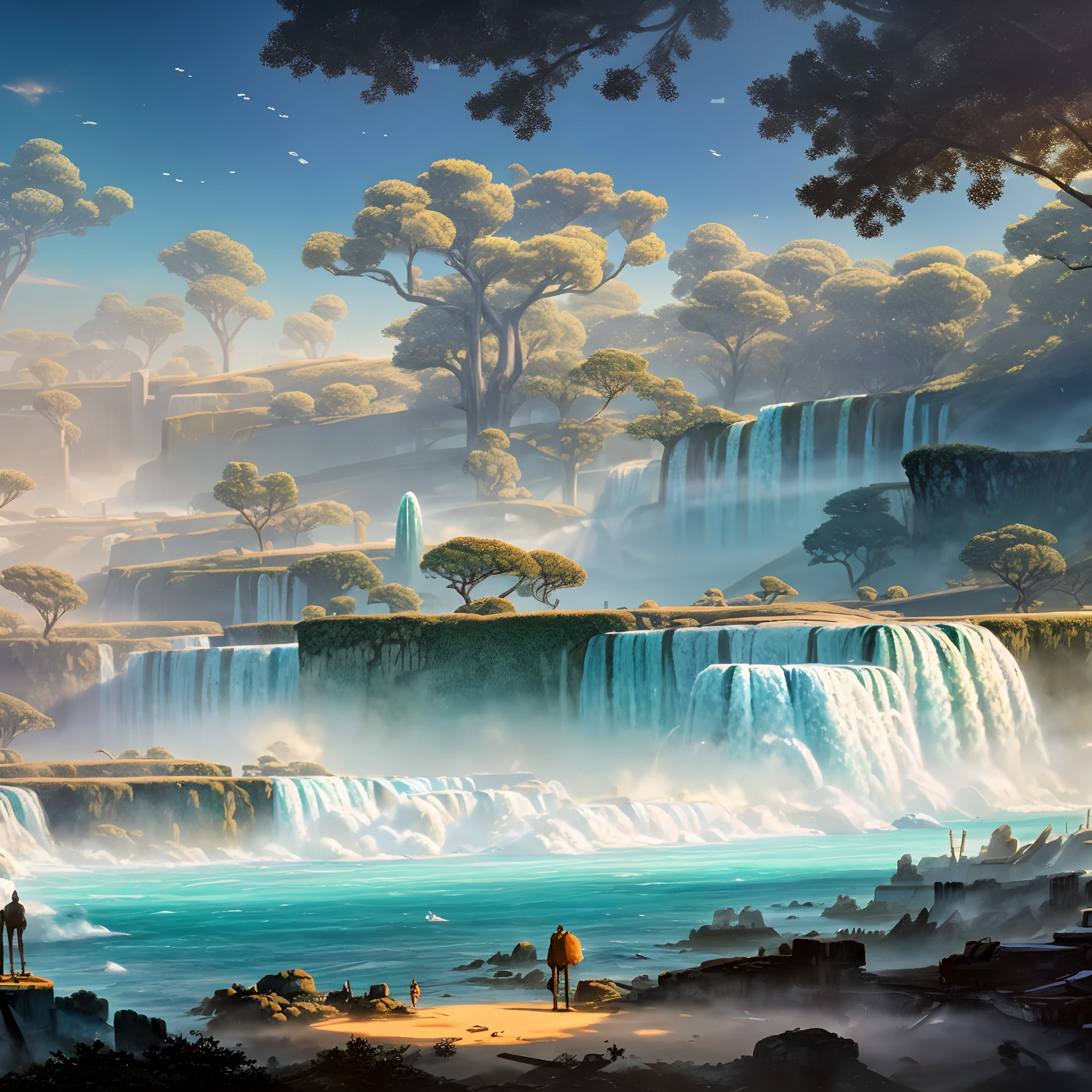 A man standing in a desert area with a waterfall in the background, Concept Art 4K, 4 k concept art, Concept Art de science-fiction mystique, bastien grivet, Concept Art 8K, 8 k concept art, Award-winning conceptual artist, Concept Art 8 K, art conceptuel des bords durs, detailed 4K concept art, Concept Art de science-fiction, complexe, elegant, Realistic depth-of-field photography, Perfect natural lighting (Masterpiece, side lighting, Beautiful, finely detailed scenery), cheveux longs, Realistic Lots of Hair, realistic costume, Realistic human, Realistic Cyber City Background,
