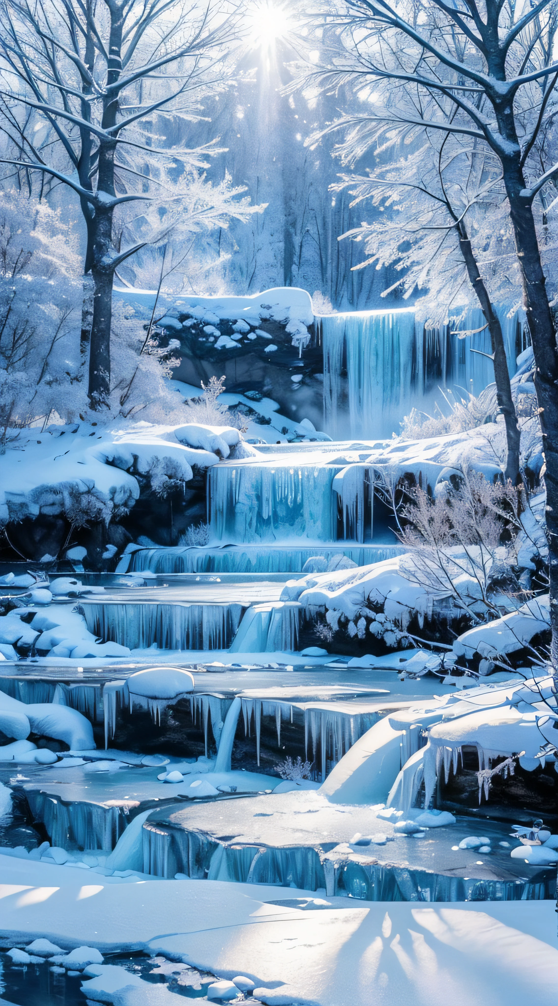 (ultra detailed winter landscape), frozen waterfall, frosted, frosted trees, sparkling ice. frozen in time, sparkling sunlight, cold breeze, branches covered with frost, ice crystals, serene atmosphere, blue and white color palette, soft diffuse light, sunbeam piercing frosty trees.