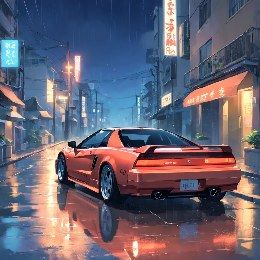 Um honda nsx 1990 cor chumbo com rodas escuras, dirigindo na cidade, chuva, noite