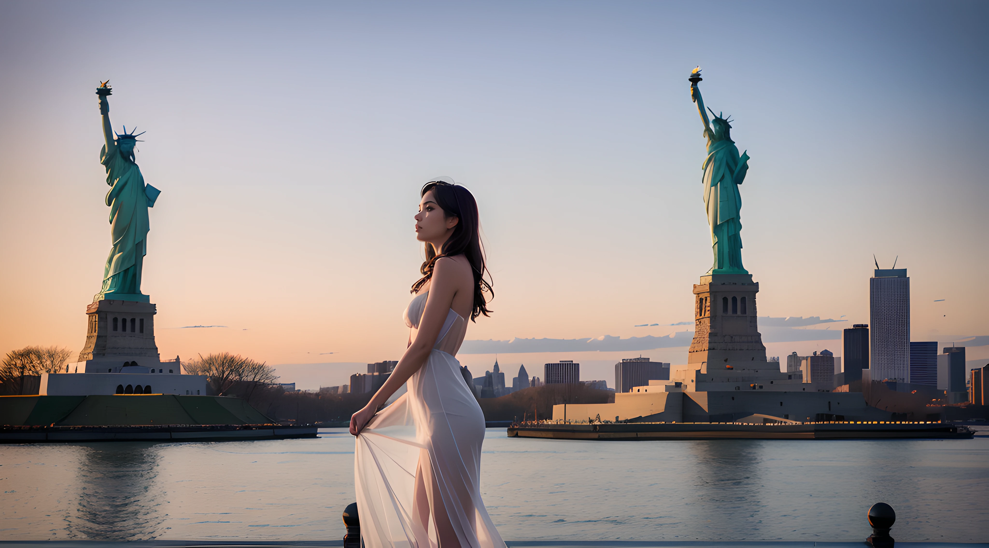 Manhattan skyline | Model by the Statue of Liberty | An alluring fashion model gazes into the distance, her sheer dress flowing in the breeze with Liberty Island and its iconic statue behind her | Magic hour | Alluring |  Model, dress, statue, skyscrapers | Blues, oranges, silvers | Wide-angle view, model 1/4 left, Nikon Z9, 24mm lens