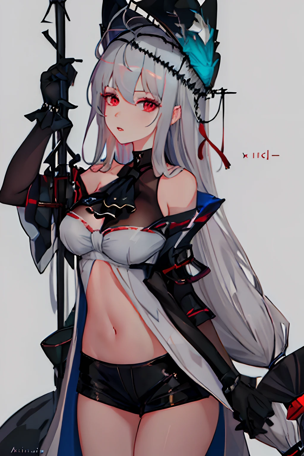 Best quality, Masterpiece, A high resolution, Solo, {skadi_arknight:1.15}, Long_Hair, bangs, Red_Eyes, Hair_between_Eyes, Breasts, Grey_Hair, Very_Long_Hair, The upper part of the body_Body, White_Hair, Large_Breasts, mediating_Breasts, 1girll, Bare_bshoulders, Looking_at_peeping at the viewer, No_Headwear, parted_Lips, black_ascot, ascot, Portrait, Simple_Background, White_Background