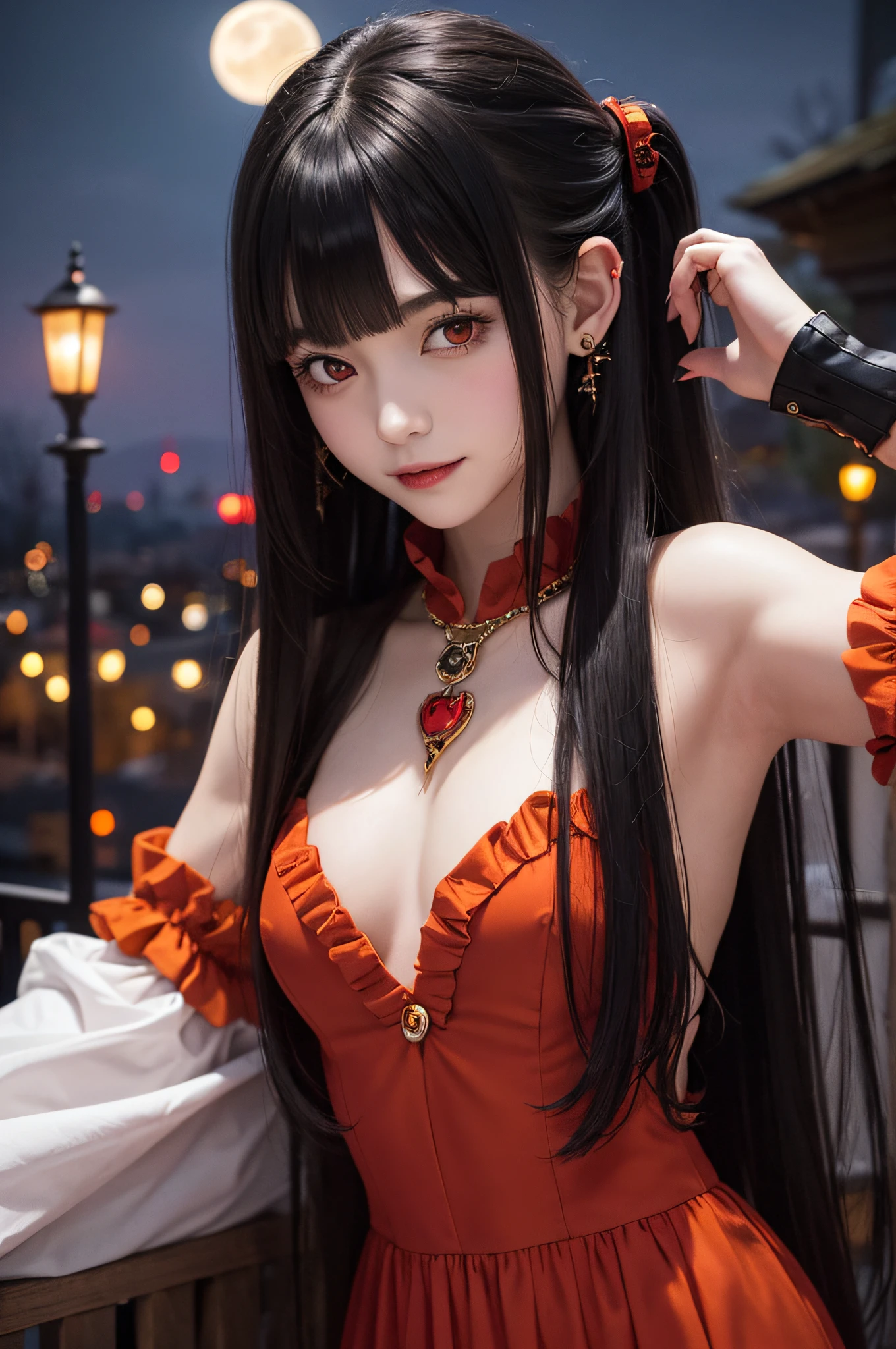 masterpiece、top-quality、ultra-detailliert、Halloween, pumpkins, Long Black Hair, Red Eyes, Smile, Blunt bangs, Ahoge, Night, Pointed ears, Little Devil Hornhead, Moon, Vampire