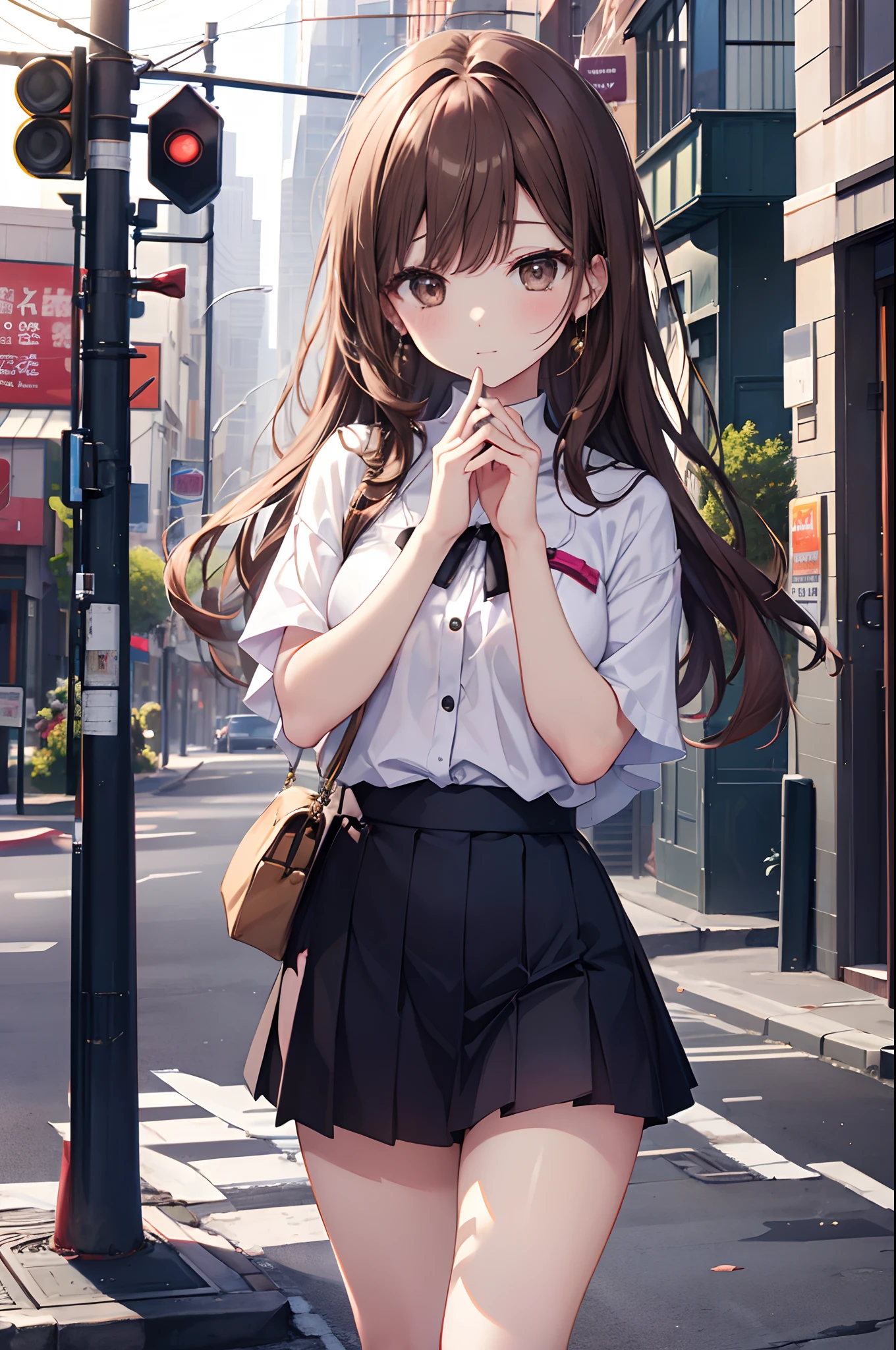 Hi-Res、​masterpiece、Chizuru Ichinose、Brown hair、Soio、Female one、street、细致背景、A detailed eye、（（Brown-eyed））,Beautiful and perfect legs, Clean and perfect hands