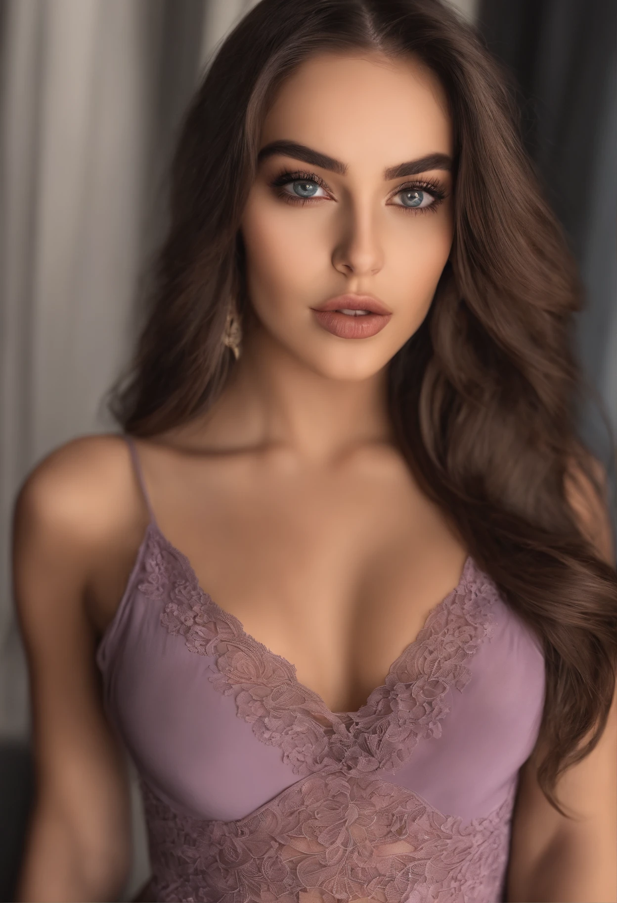 arafed woman fully sexy girl with black eyes ultra realistic meticuolsly detailed portrait sophie mudd black hair an a large eyes selfie of a young woman bedroom eyes violet myers witout makeup natural makeup looking directly at the camera face with at artgram subtle make up stunning full body shot kneeling on bed in bedroom medium to large e size bust