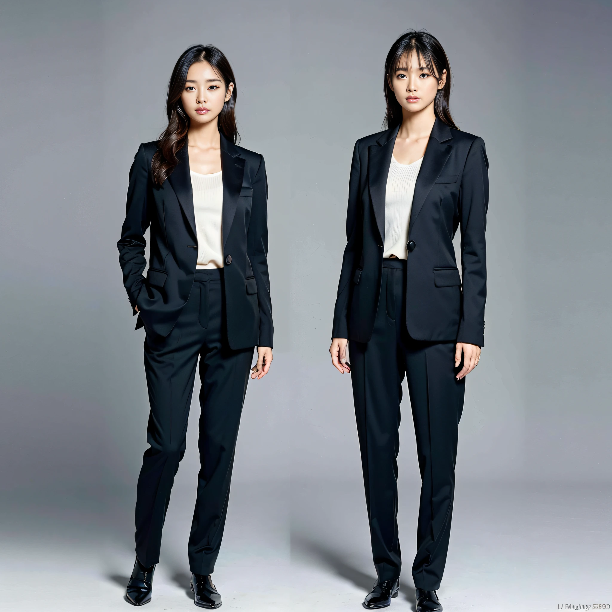 (top-quality、8k、32k、masterpiece、UHD:1.2)、Photos of pretty Japan women、(详细的脸:1.1)、Simple black suit、Look at viewers、Standing posture、full bodyesbian
