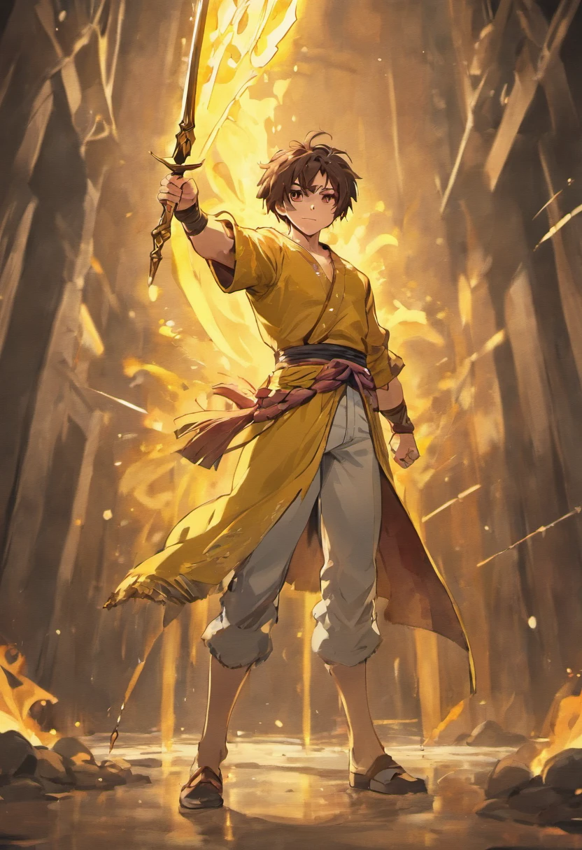 Muscular man, Alone, Holding a golden spear, Hair tied in a bun, Dark brown hair, A man who looks like a Chinese, ((Burnt yellow social shirt, Long white jeans)), black military boots, Smile, yellow eyes, Castle, Costume.