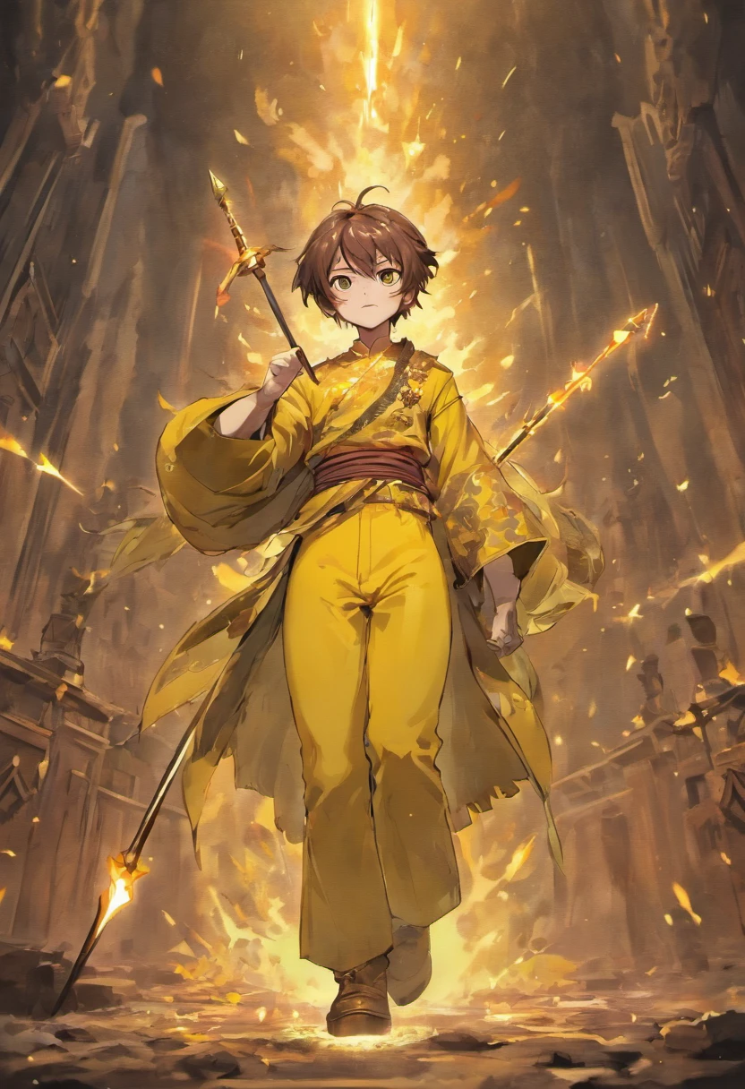 Muscular man, Alone, Holding a golden spear, Hair tied in a bun, Dark brown hair, A man who looks like a Chinese, ((Burnt yellow social shirt, Long white jeans)), black military boots, Smile, yellow eyes, Castle, Costume.