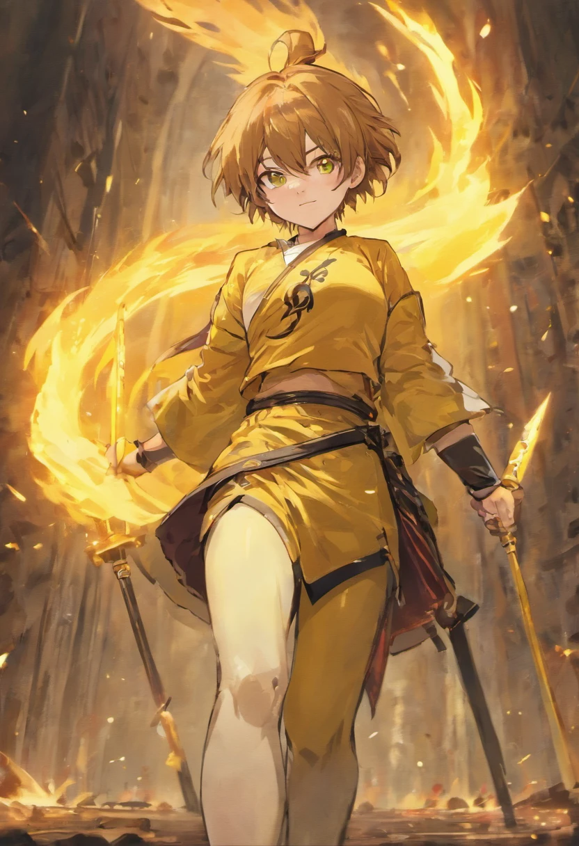 Muscular man, Alone, Holding a golden spear, Hair tied in a bun, Dark brown hair, A man who looks like a Chinese, ((Burnt yellow social shirt, Long white jeans)), black military boots, Smile, yellow eyes, Castle, Costume.