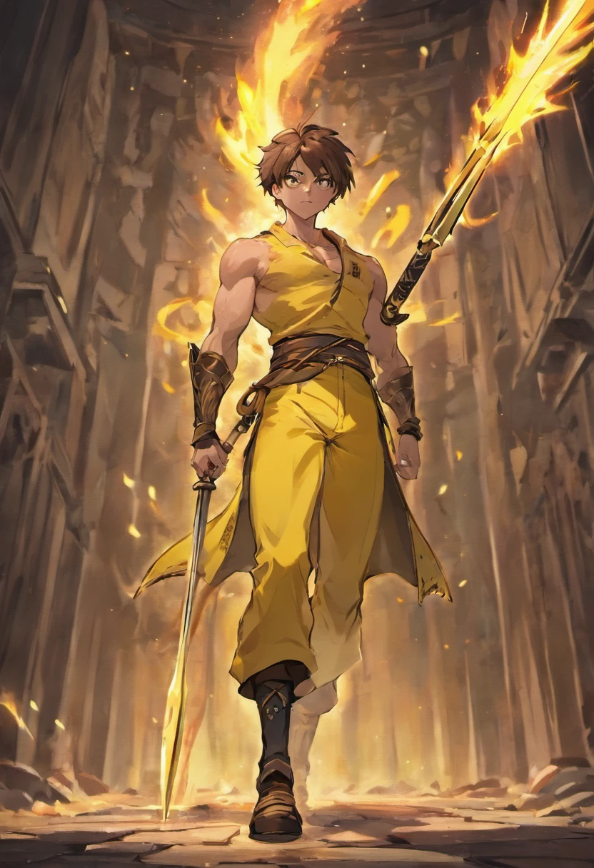 Muscular man, Alone, Holding a golden spear, Hair tied in a bun, Dark brown hair, A man who looks like a Chinese, ((Burnt yellow social shirt, Long white jeans)), black military boots, Smile, yellow eyes, Castle, Costume.