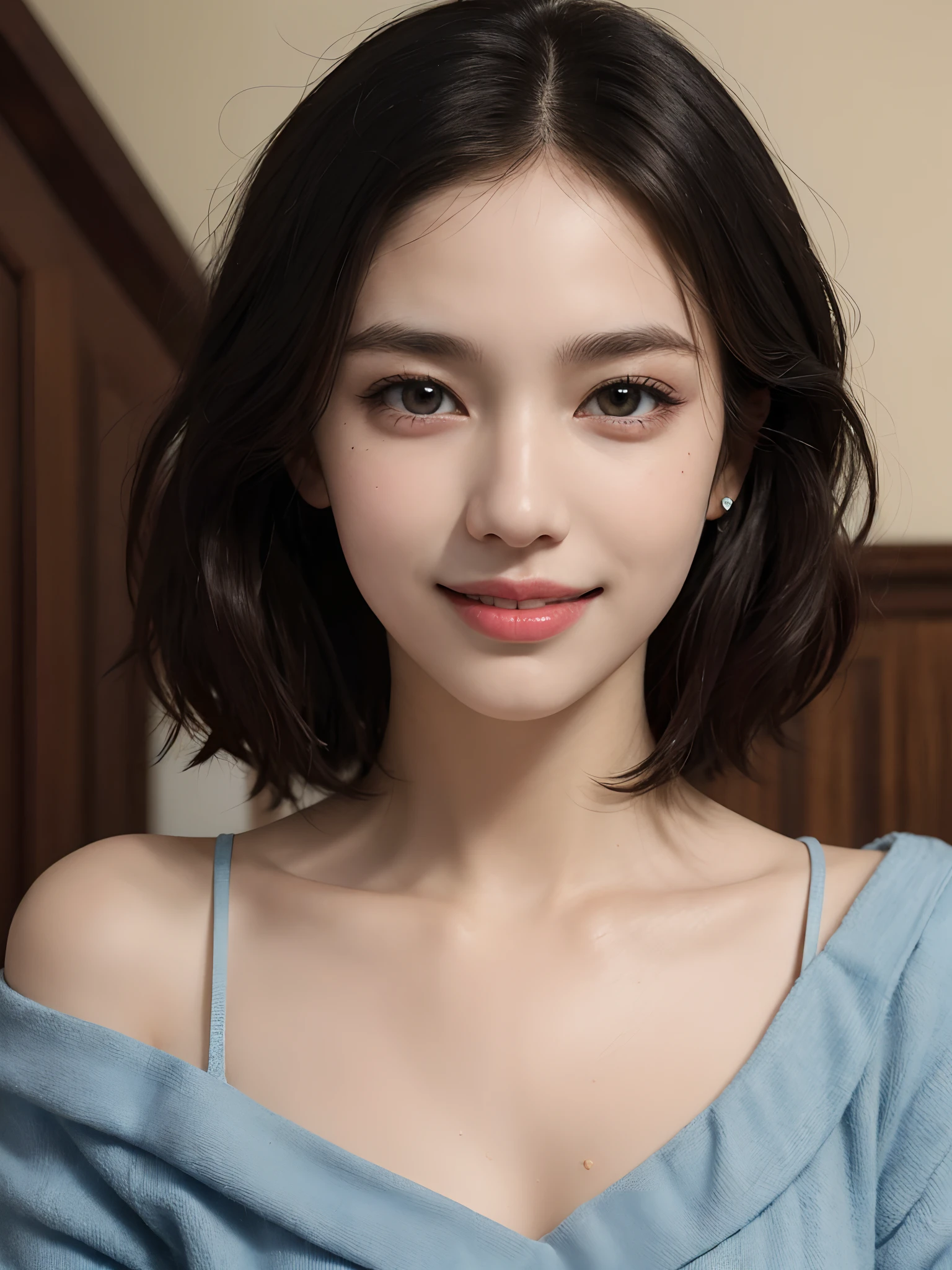 masterpiece, film grain, upper body photo of a Young girl in a white camisole, solo, absurdity, realistic(face, body, skin), (cute:1.35), cuties, (big breasts:1.275), detailed black eyes, innocent eyes, blusher, light(loose & oversize black jacket:1.2), (bare shoulder), jewelry, earrings, short hair, (messy bob hair), areola slip, areola slip out, shiny pink lips, closeup, look at viewer, long hair, upper body, open lips, upper teeth, (smiling eyes:0.375), ((grinning:1.125)), depth of field, outdoors, cinema light, blurred background, eye focus, Bokeh, Professional Lighting, Portrait, Photon Mapping, Radiosity, Physically Based Rendering, soft light,