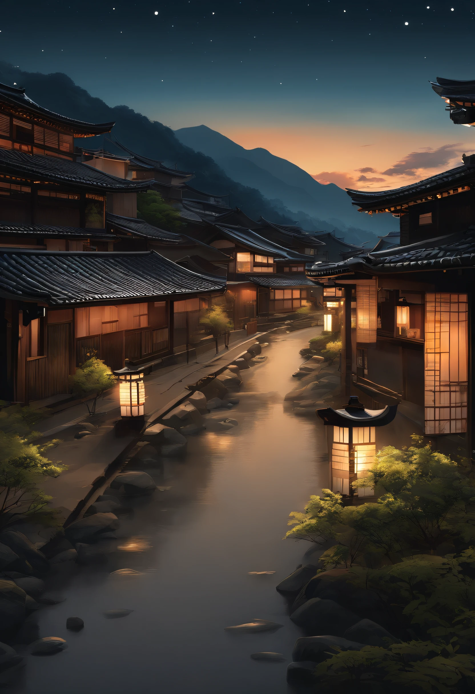 Japan village scene during the night with no people , clean white background, professional vector, full shot, 8K resolution, deep impression illustration