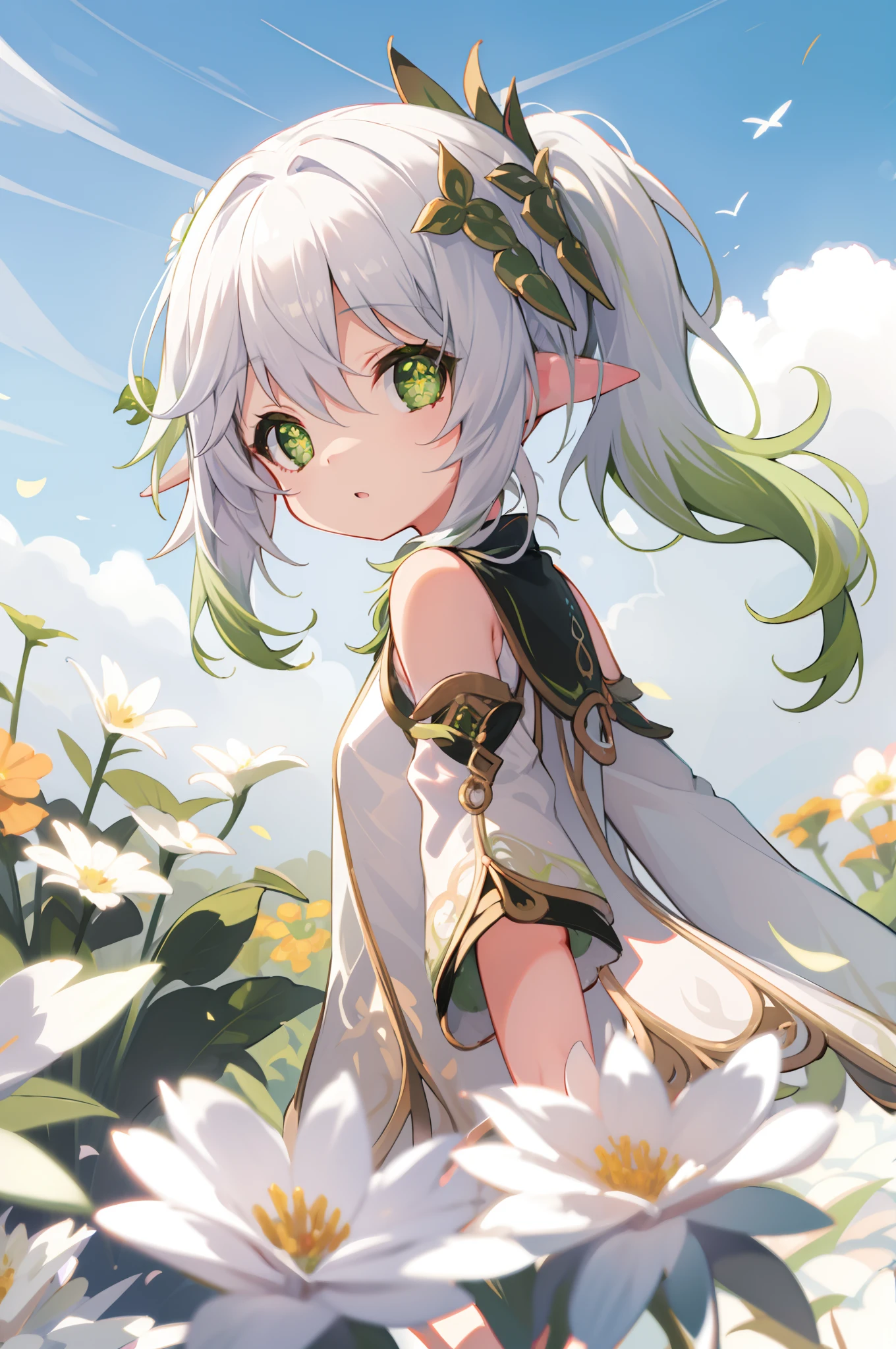 1 little girl solo, nahida_genshin, cross-shaped pupils, default_dress, white dress, white hair, green hair ornament, green cape, flower meadow, flowers, walking on the flower field