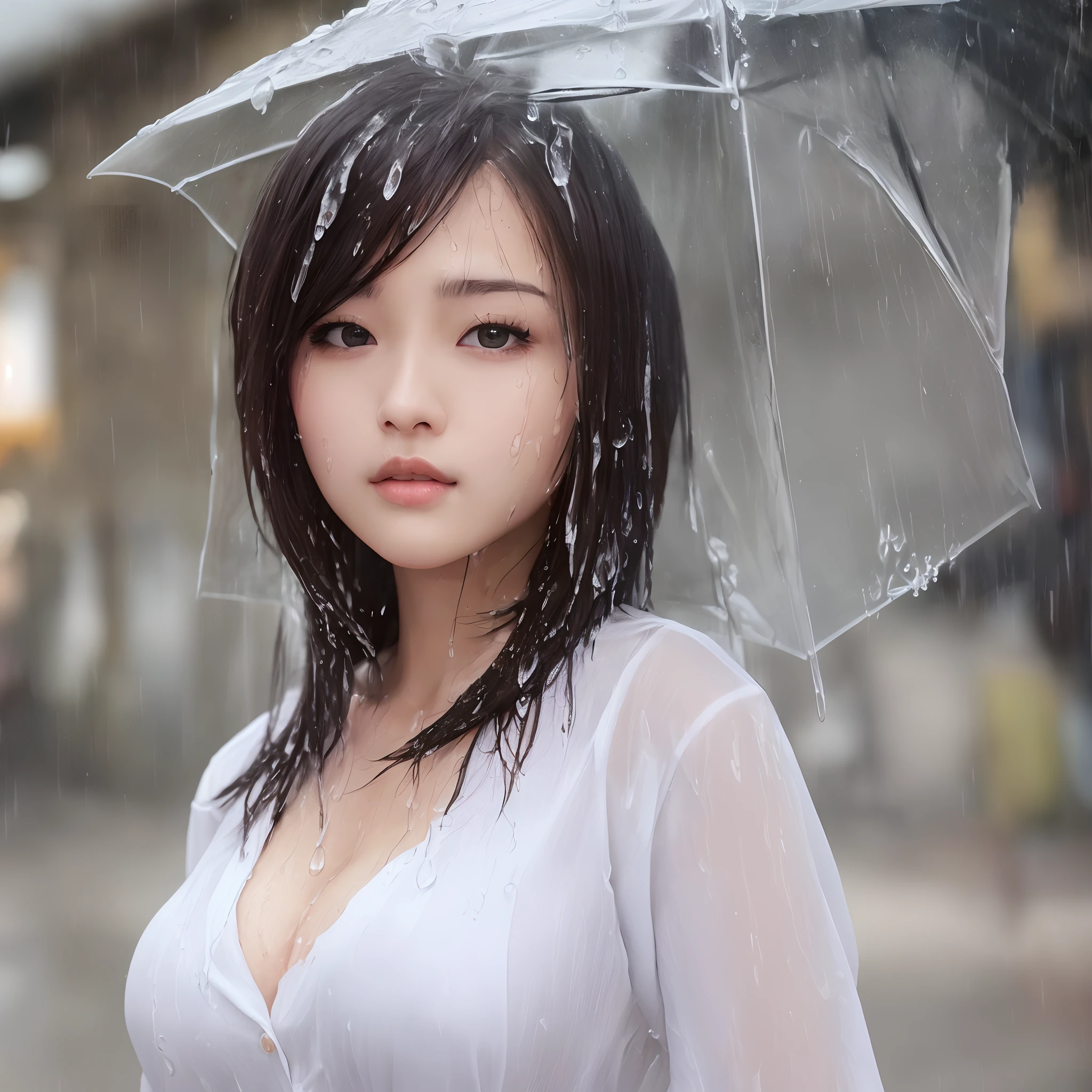 ((Best Quality, 8K, Masterpiece: 1.3)), Sharp: 1.2, Perfect Body Beauty: 1.4, Slim Abs: 1.2, ((Layered Hairstyle, Big Breasts: 1.2)), (Wet White Button Long Shirt: 1.1), (Rain, Street: 1.2), Wet: 1.5, Highly detailed face and skin texture, detailed eyes, double eyelids, side face looking at the camera