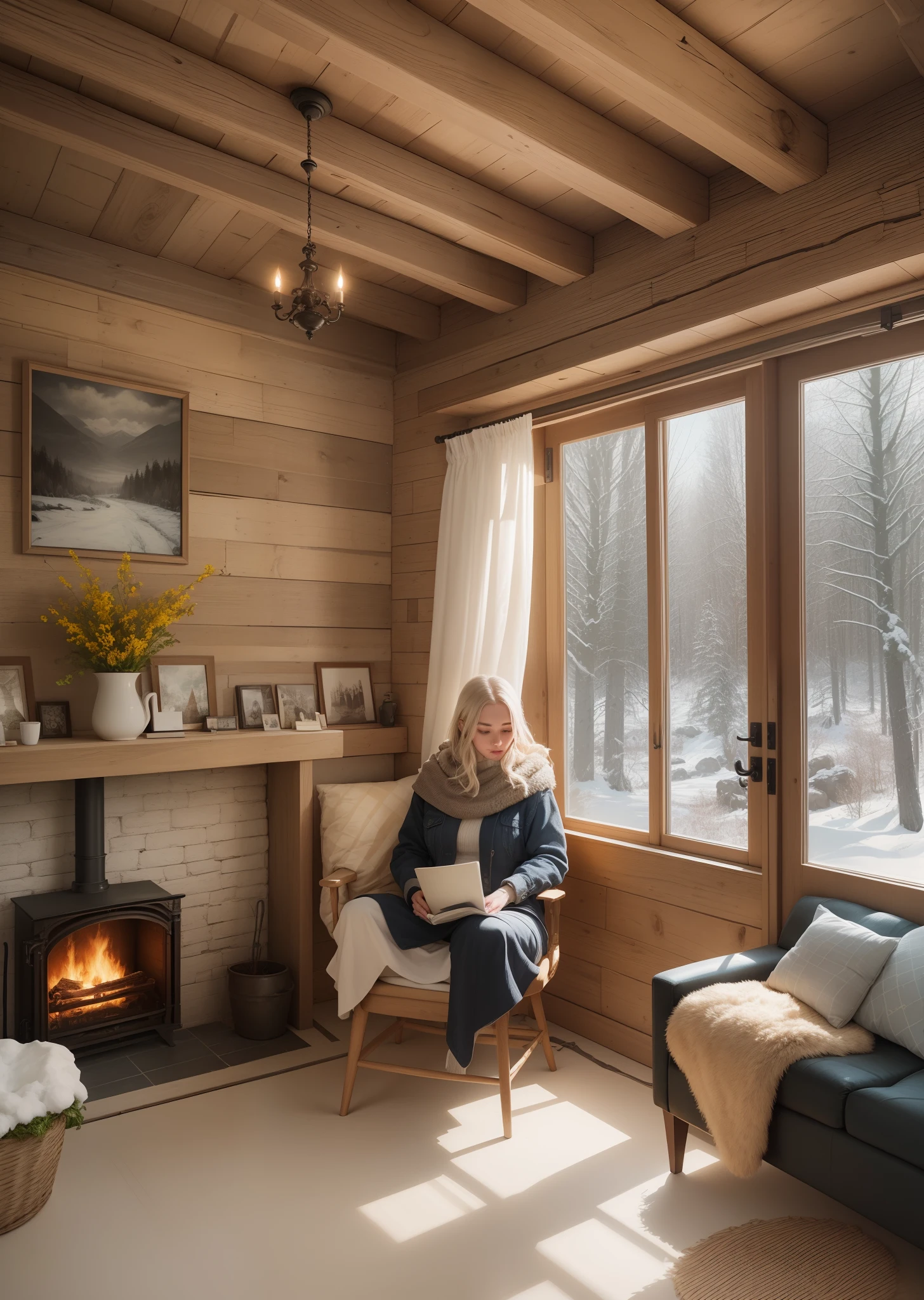 a cozy, rustic cabin tucked away in the mountains, softly blanketed by fresh snow. The cabin is well-appointed with a snug space on the top designated as an attic room which houses a comfortable bed positioned perpendicular to windows that provide ample nature light and breathtaking views of the imposing snow-clad mountains around. Adjacent to this sleeping sanctuary is a simple yet functional bathroom, illuminated by two vintage lamps and a window that ushers in the soft glow of winter sunlight bouncing off the snow-laden landscape outside. The bedrooms transition beautifully into a warm, welcoming living space nestled by an alluring fireplace, it is an ideal spot to curl up with a book from the teeming book shelf. Adding a touch of comfort and tranquility to this space, a woman is to be seen engrossed in a book near the fireplace, perhaps finding warmth and solace in both the glowing embers and the engaging pages.The cabin combines simplicity with convenience striking a beautiful balance as it serves a refuge offering the warmth and comfort of a home while surrounded by the chilly but inspiring presence of nature. --auto --s2