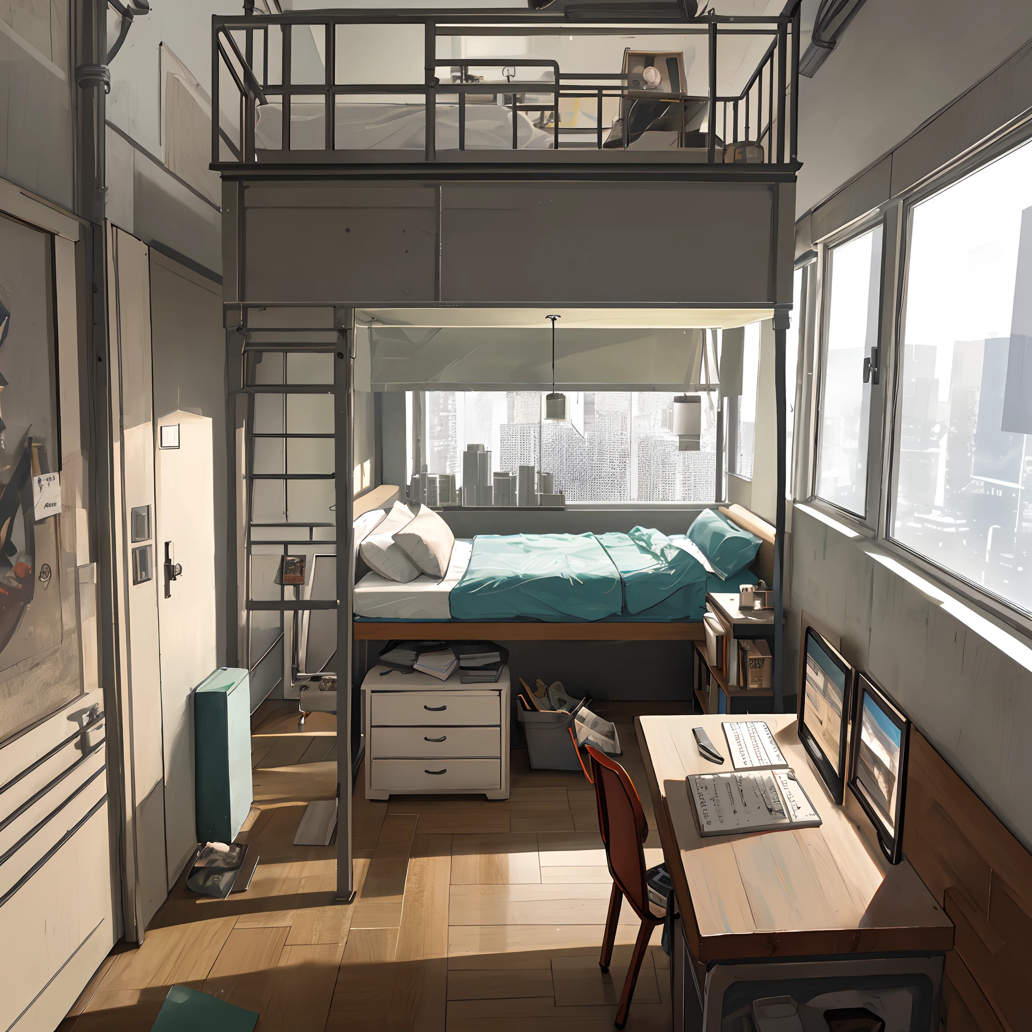 Urban Interior，Bedroom in the room，a bed，Industrial style
Large study desk