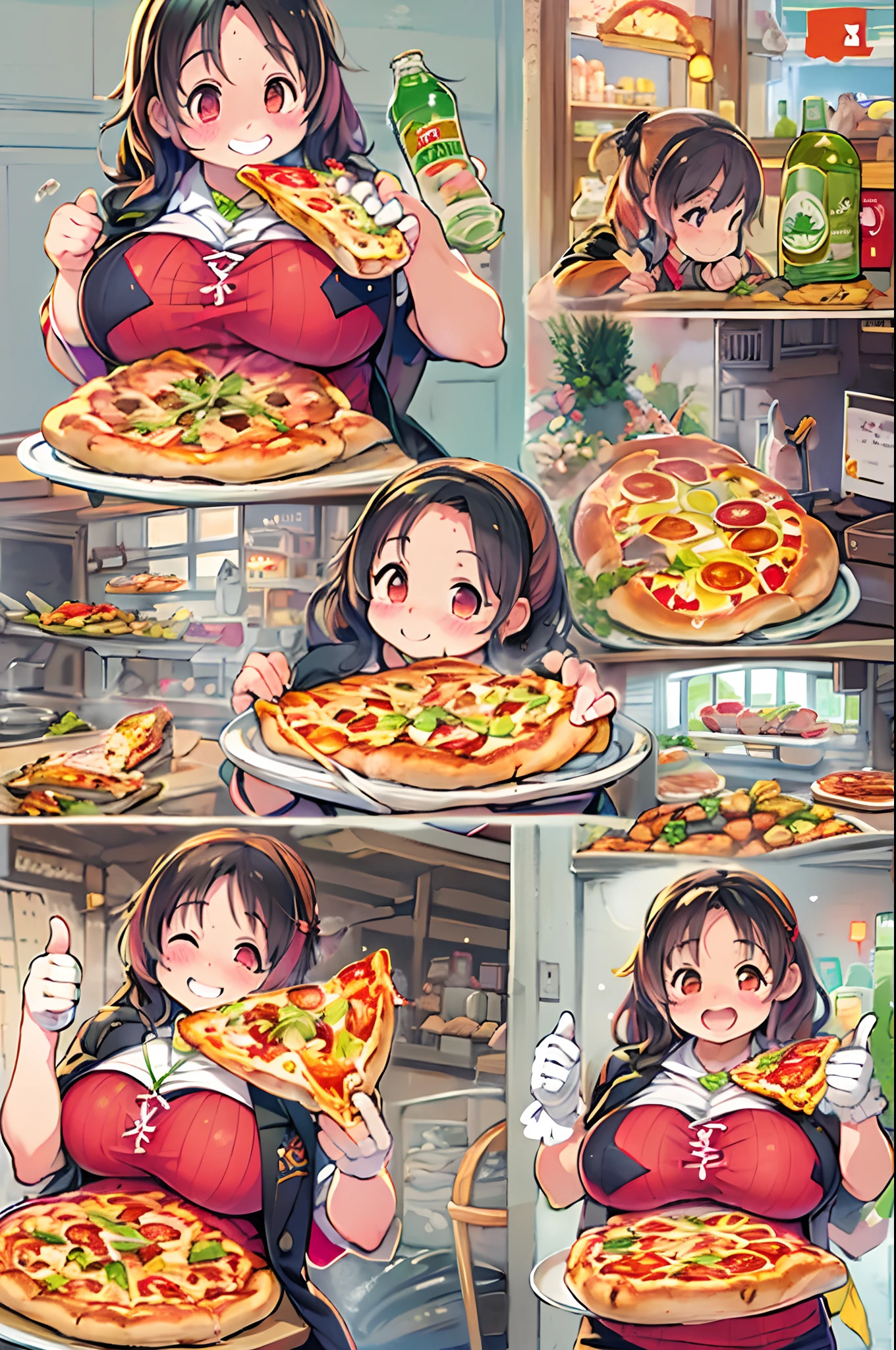 masutepiece, Best Quality, 女の子1人、huge-breasted、bbw、Holding (Giant pizza slices)1.5、Thumbs up、huge smile、Plastic bottles of cola、