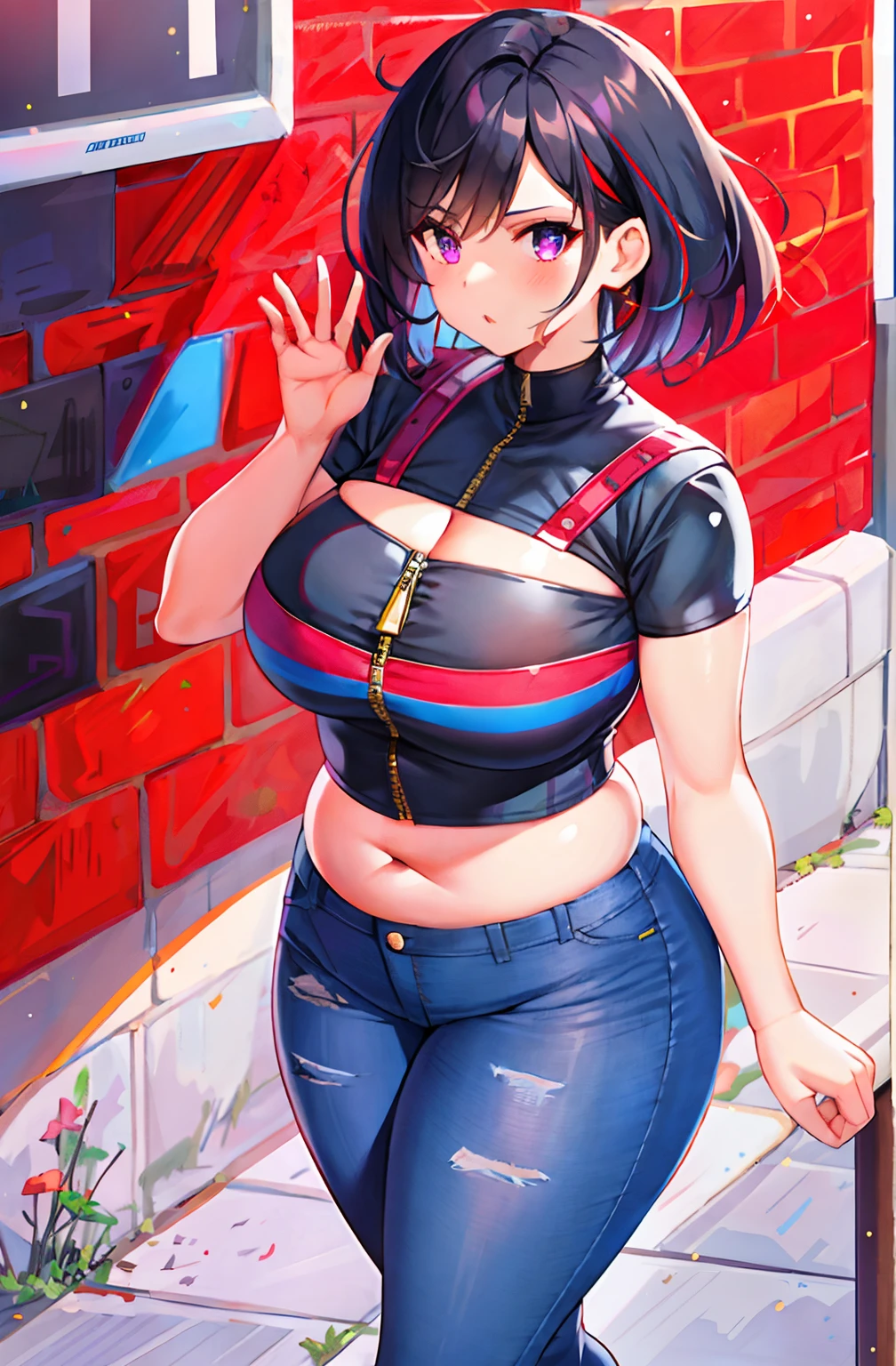 confident girl,black zipper crop top with 2 red and blue stripes and a cleavage cut out, purple eyes, jeans, chubby belly, medium boobs, short black hair with red and blue strands, stylish pose, alluring figure