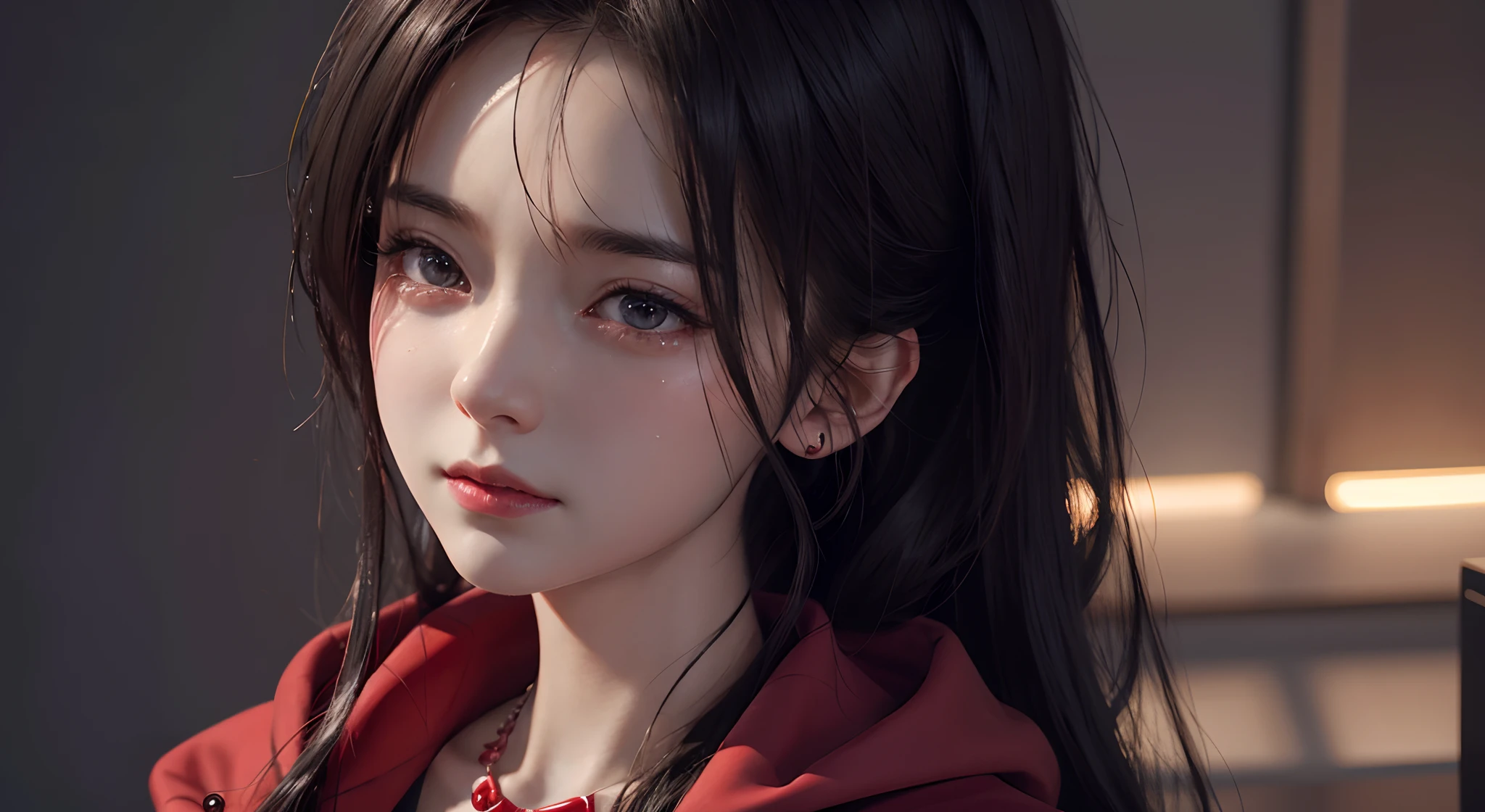 One Woman,crying how bright,mourn、tears,natta,She wears a red dress and a black coat,She wears a necklace around her neck, soft portrait shot 8 k, 8K portrait rendering, photorealistic anime girl render, 8K highly detailed face, 3 d render character art 8 k, small character. unreal enginee 5, 3 d anime realistic, Trending on CGSTATION, 8 k cg render