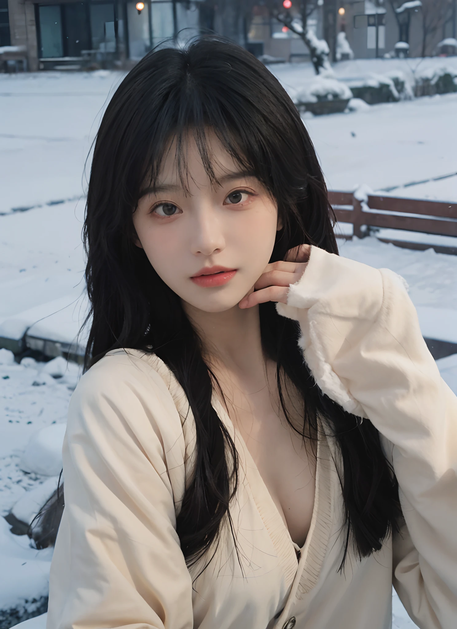 best qualtiy, 超高分辨率, (realisticlying:1.4), Girl, A pair of eyes as clear as snow,Royal Sister,Black long straight,yellow school uniforms, looking at viewert, closeup cleavage ,