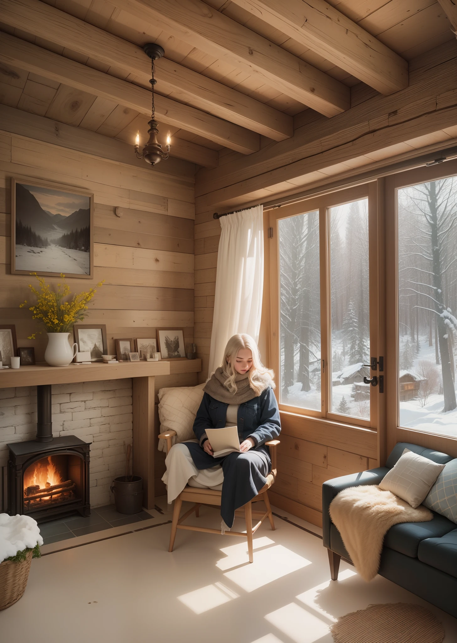 a cozy, rustic cabin tucked away in the mountains, softly blanketed by fresh snow. The cabin is well-appointed with a snug space on the top designated as an attic room which houses a comfortable bed positioned perpendicular to windows that provide ample nature light and breathtaking views of the imposing snow-clad mountains around. Adjacent to this sleeping sanctuary is a simple yet functional bathroom, illuminated by two vintage lamps and a window that ushers in the soft glow of winter sunlight bouncing off the snow-laden landscape outside. The bedrooms transition beautifully into a warm, welcoming living space nestled by an alluring fireplace, it is an ideal spot to curl up with a book from the teeming book shelf. Adding a touch of comfort and tranquility to this space, a woman is to be seen engrossed in a book near the fireplace, perhaps finding warmth and solace in both the glowing embers and the engaging pages.The cabin combines simplicity with convenience striking a beautiful balance as it serves a refuge offering the warmth and comfort of a home while surrounded by the chilly but inspiring presence of nature. --auto --s2