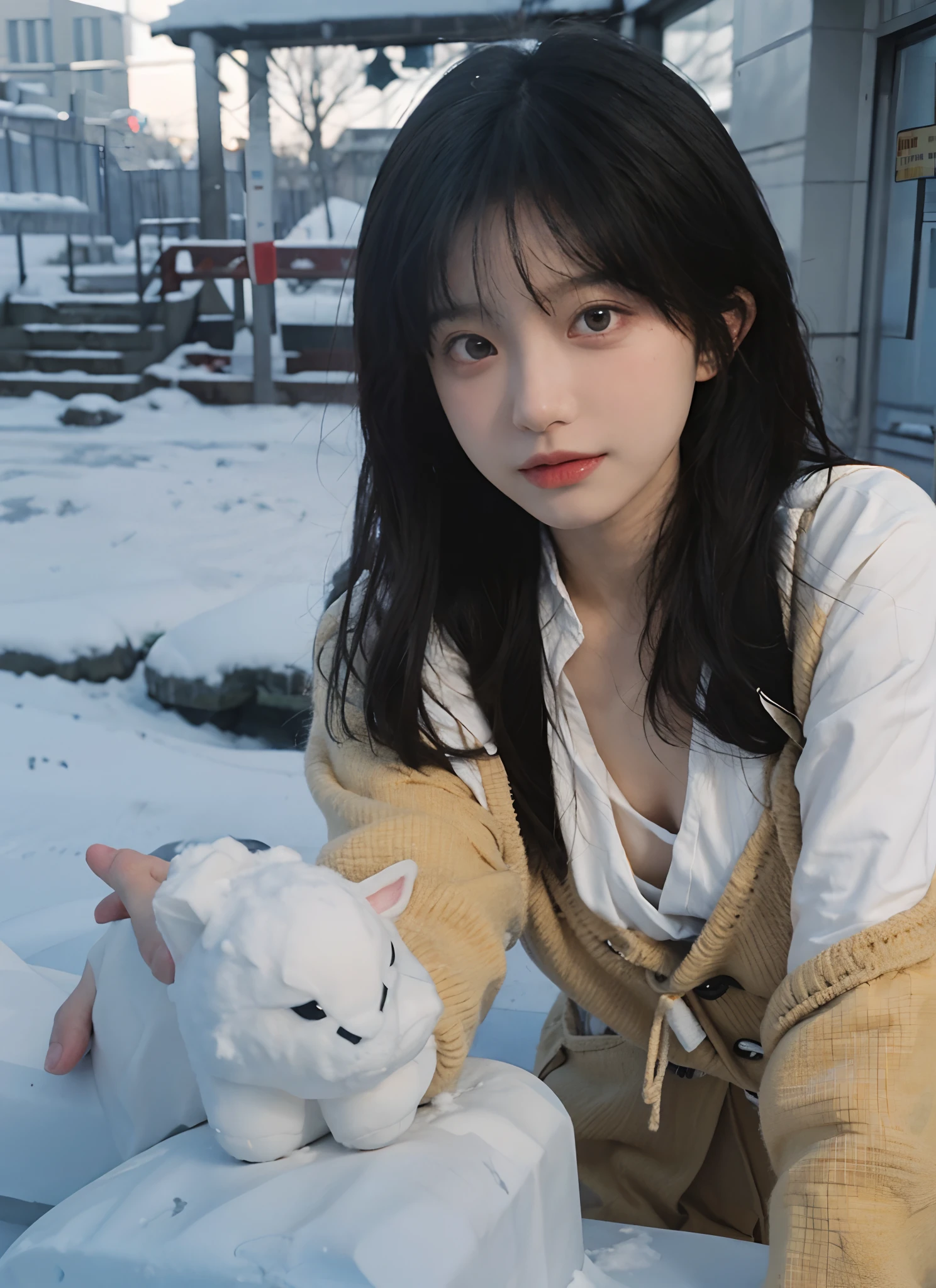 best qualtiy, 超高分辨率, (realisticlying:1.4), Girl, A pair of eyes as clear as snow,Royal Sister,Black long straight,yellow school uniforms, looking at viewert, closeup cleavage ,
