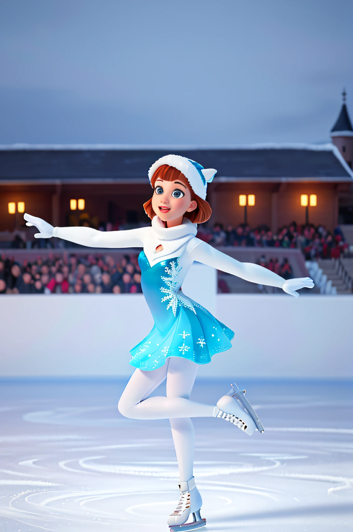 (best quality, 4k, 8k, high resolution, masterpiece: 1.2), ultra detailed, (realistic, photorealistic, photorealistic: 1.37), portraits, Disney Pixar cartoons, beautiful girl ice skating, vibrant colors, ice rink bright, graceful movements, snowflakes, winter wonderland, magical atmosphere, dream scene