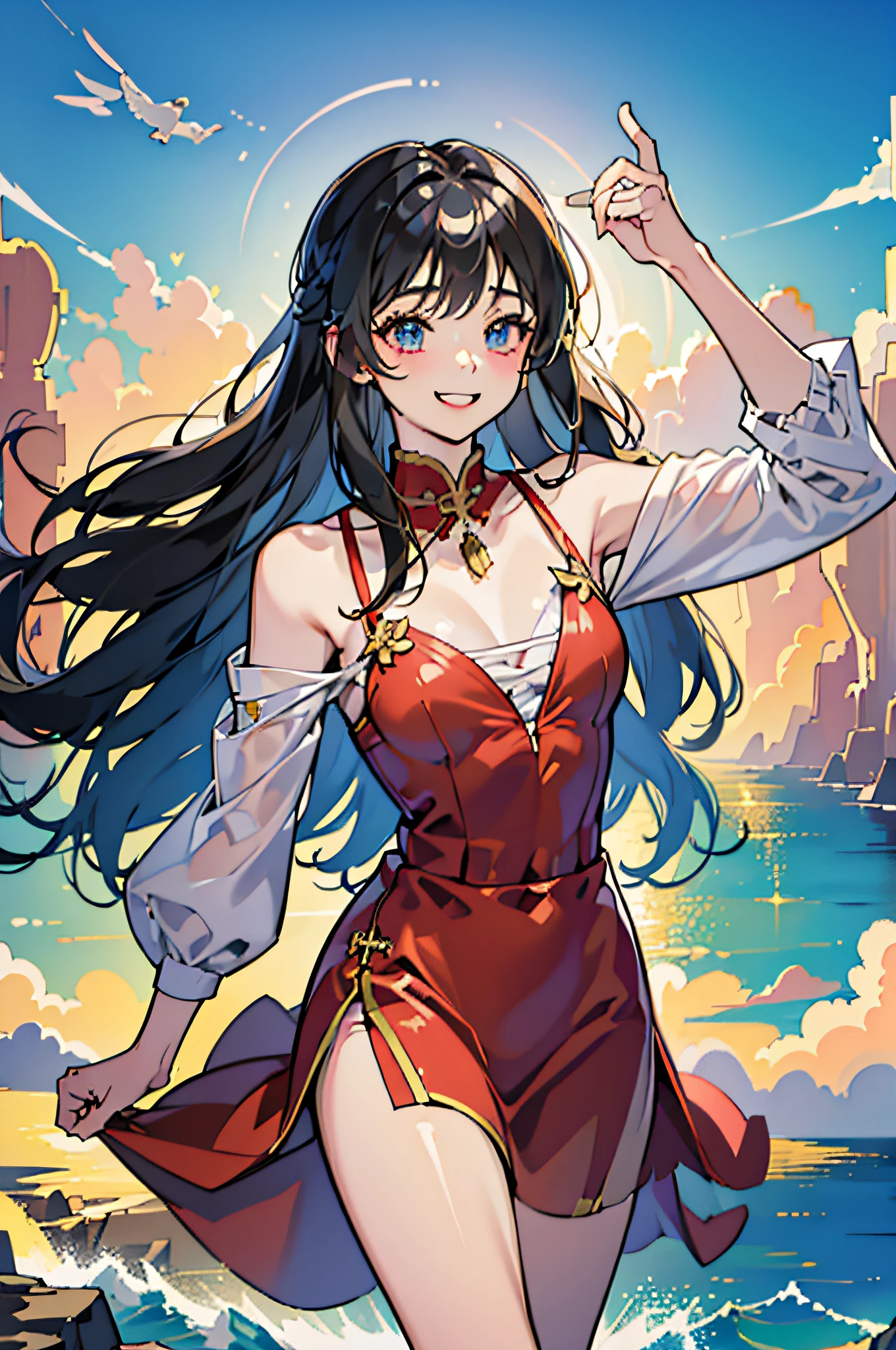 (in 8K、top-quality、masterpiece:1.2)、1人の女性、(Smiling smile:1.1)、beautidful eyes、Valley、The upper part of the body、shorth hair、Like a boy、Colossal tits、red view、